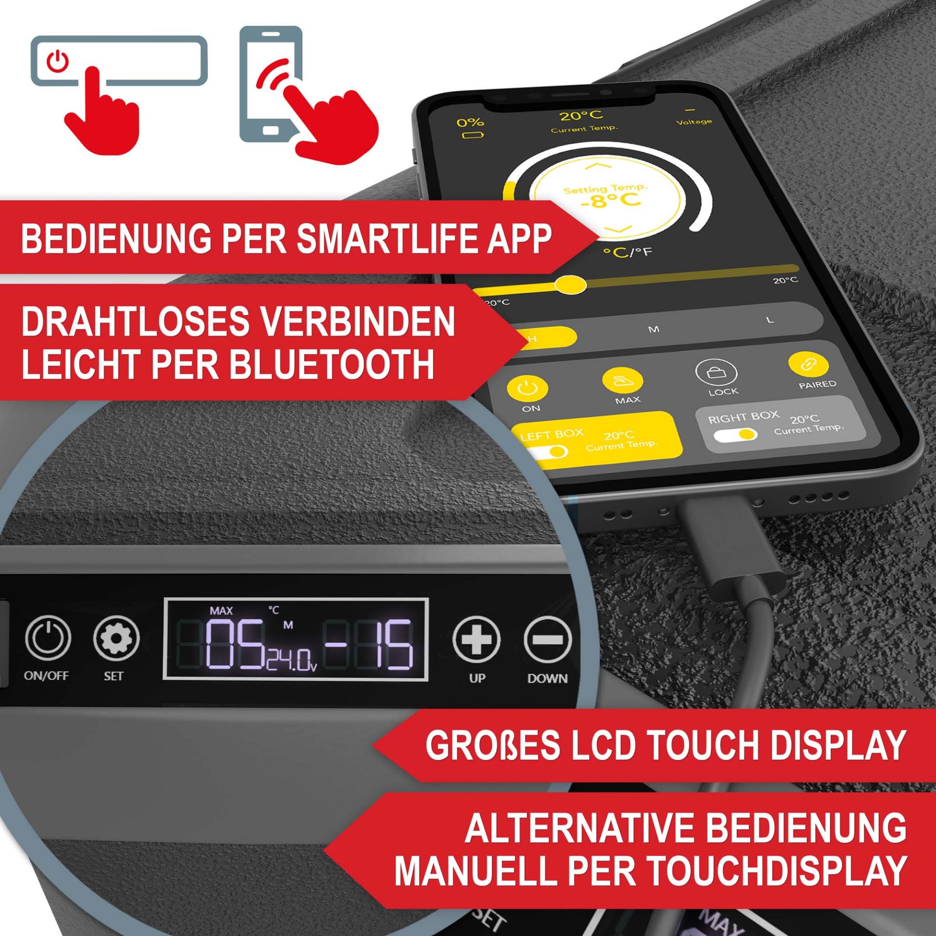 Kompressor Kühlbox 60 Liter - Bedienung per Smartlife App; Drahtloses verbinden per Bluetooth; großes LCD Touchdisplay; alternative Bedienung manuell per Touchdisplay Kompressor Kühlbox 60 Liter - Bedienung per Smartlife App; Drahtloses verbinden per Bluetooth; großes LCD Touchdisplay; alternative Bedienung manuell per Touchdisplay