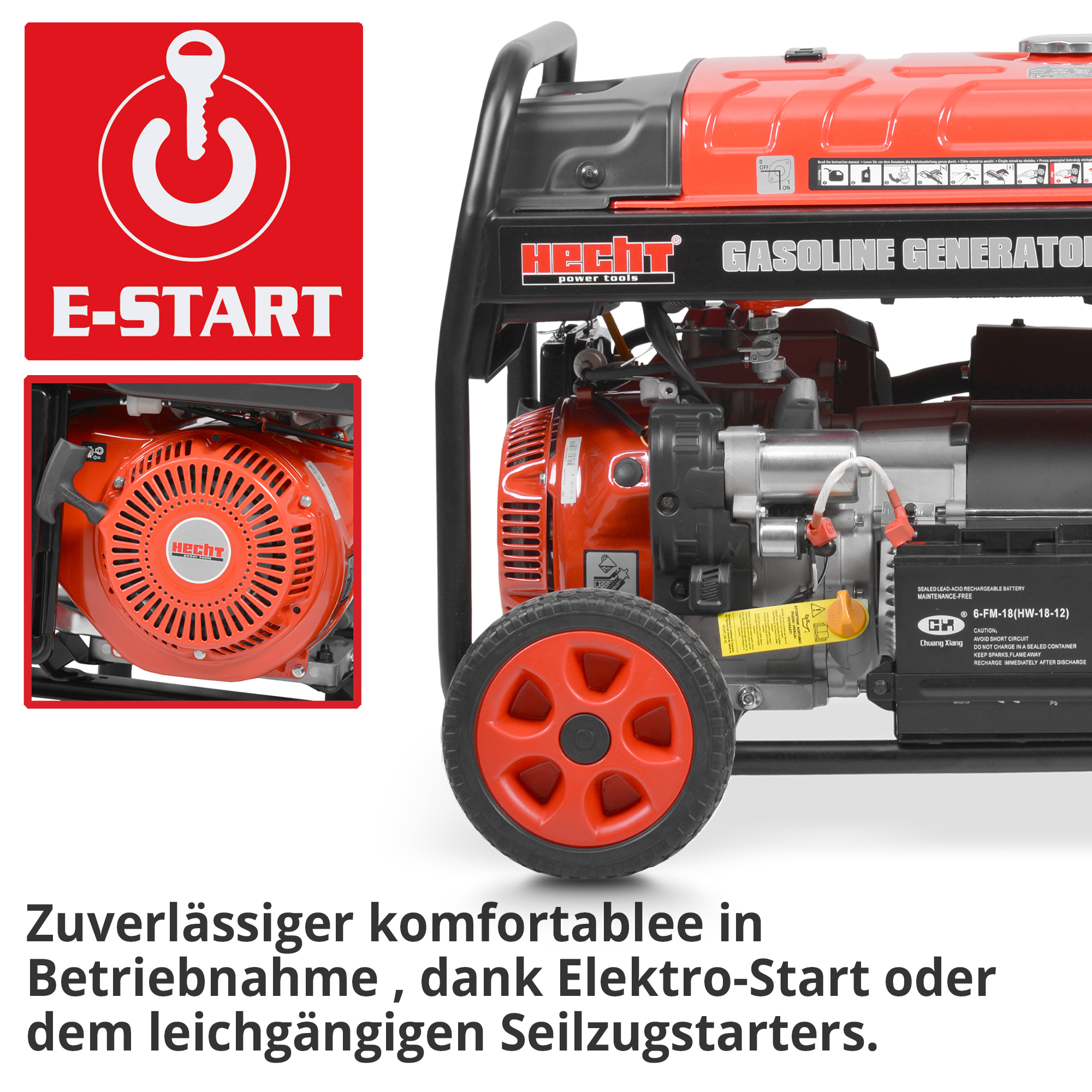 Stromgenerator HECHT 8500W mit Elektrostart und Seilzugstarter für einfache Inbetriebnahme