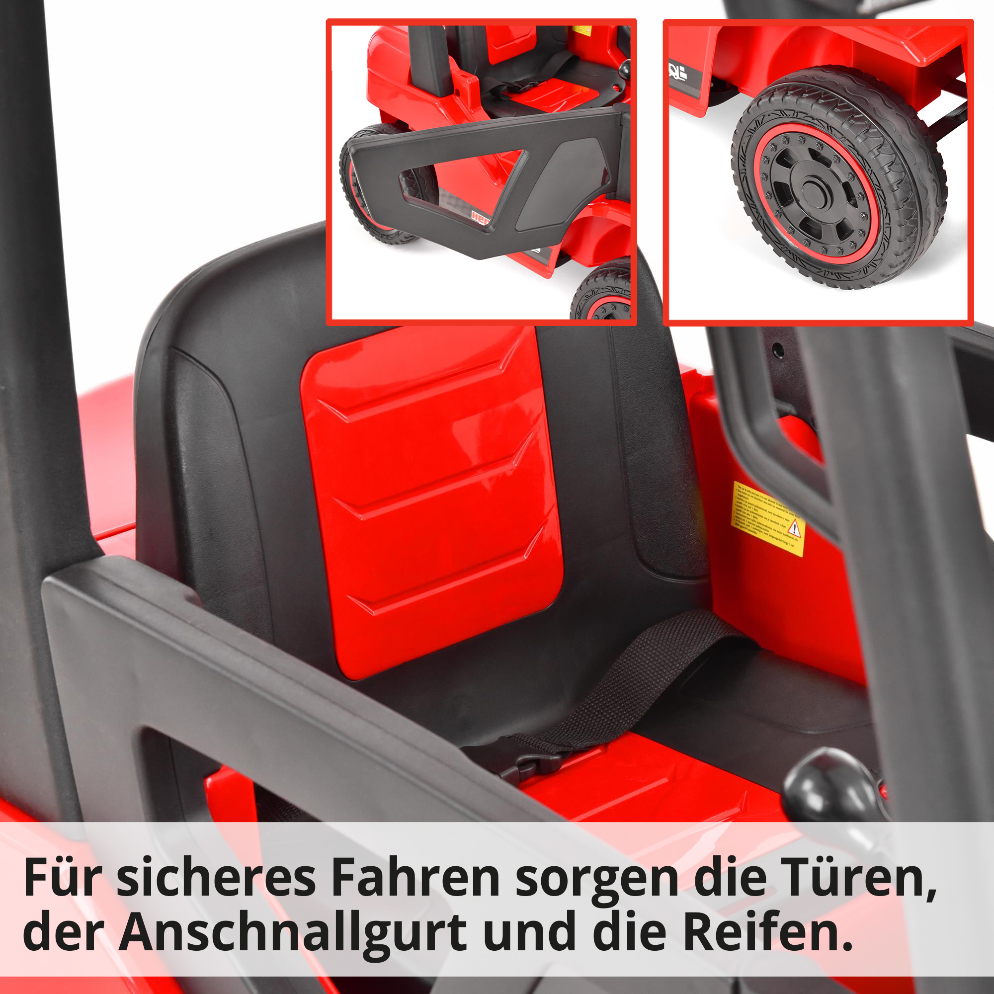 Hecht 52108RED Kinder Elektro Gabelstapler ROT; Für sicheres Fahren sorgen die Türen, der Anschnallgurt und die Reifen