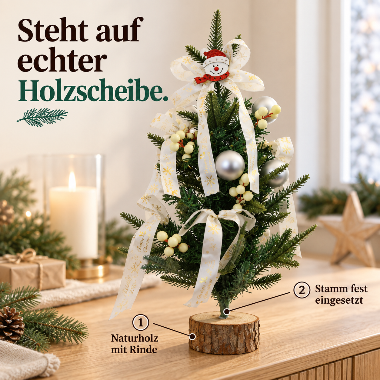 Sicherer Stand für den ONBEST Tischbaum dank echtem Holzsockel mit Rinde (Dieses Bild wurde mit Hilfe von KI generiert.)