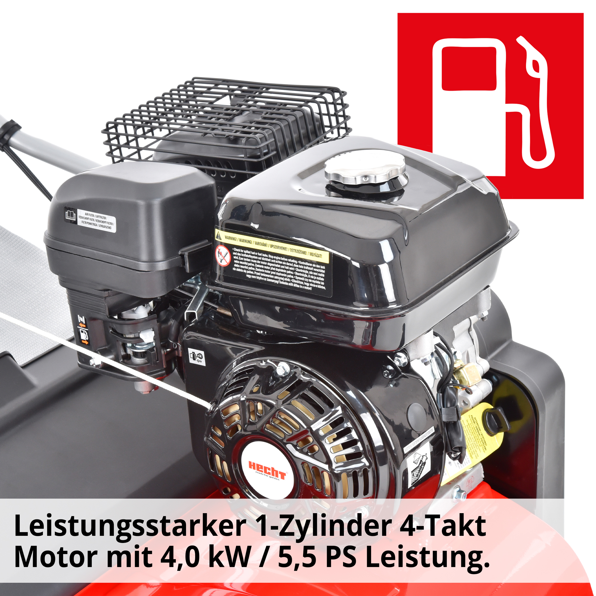 Vertikutierer; Leistungsstarker 1-Zylinder 4-Takt Motor mit 4 kW / 5,5 PS Leistung