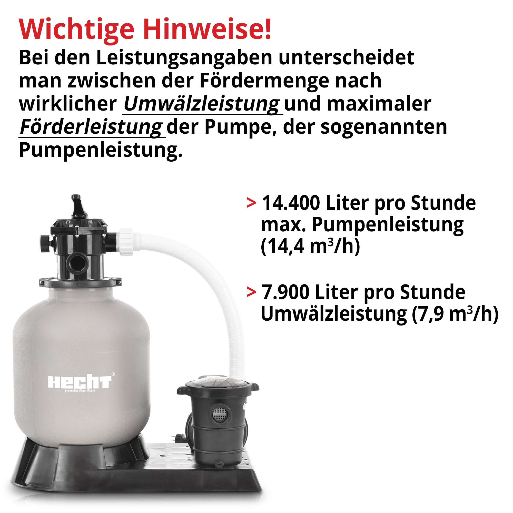 Sandfilteranlage; 14400 Liter pro Stunde Pumpleistung, 7900 Liter pro Stunde Umwälzleistung