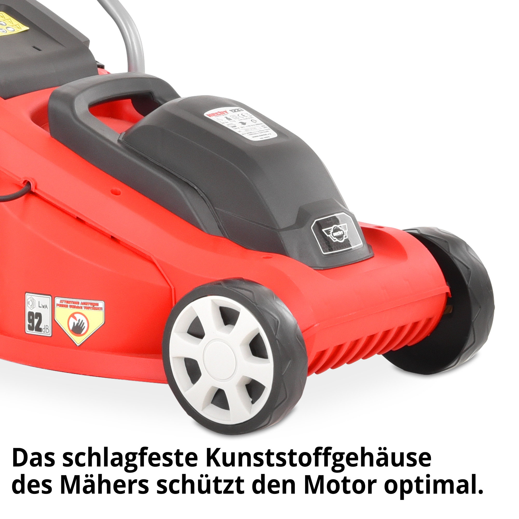 Rasenmäher Elektro Gehäuse Kunststoff schlagfest Chassis rot robust Design (Dieses Bild wurde mit Hilfe von KI generiert.)