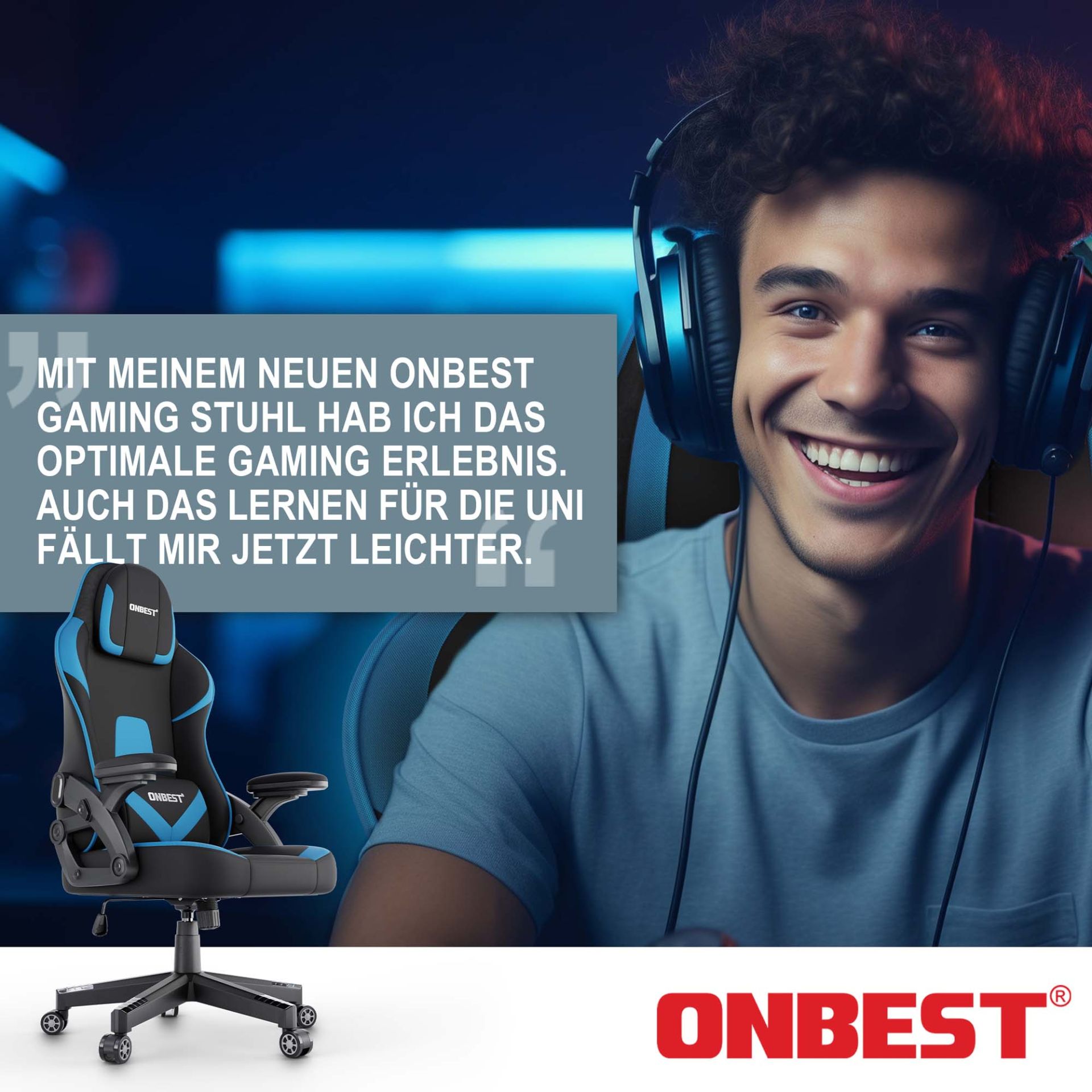 Gaming Stuhl schwarz/ blau - Optimales Gaming Erlebnis, leichteres Lernen für die Uni