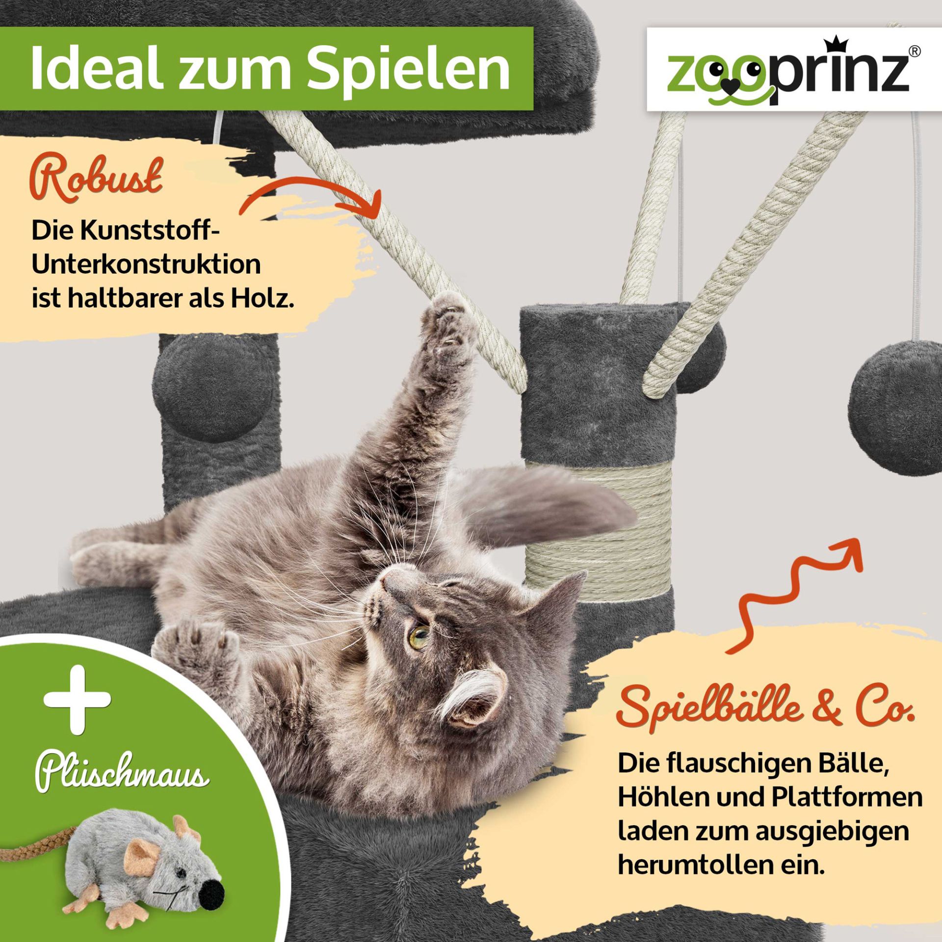 Katzenbaum Kitty; Ideal zum Spielen mit den Spielbällen und einer Plüschmaus