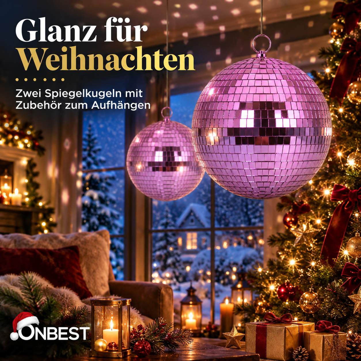 ONBEST Spiegelkugeln in Pink: Zwei glänzende Kugeln als Weihnachtsdeko (Dieses Bild wurde mit Hilfe von KI generiert.)