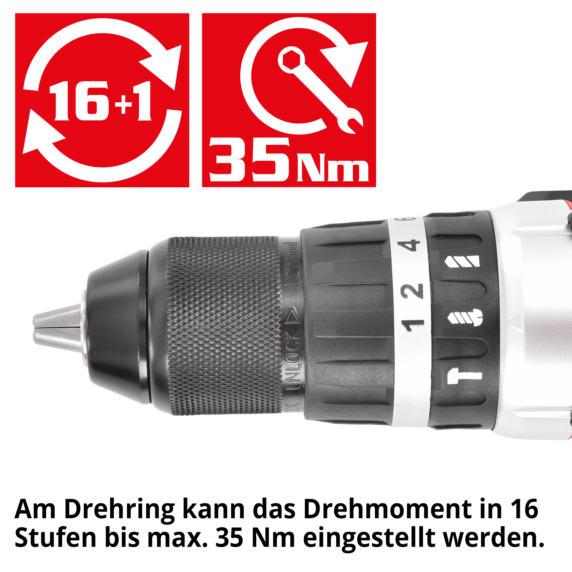 HECHT 1278 Akkuschrauber; Am Drehring kann das Drehmoment in 16 Stufen bis max. 35 Nm eingestellt werden