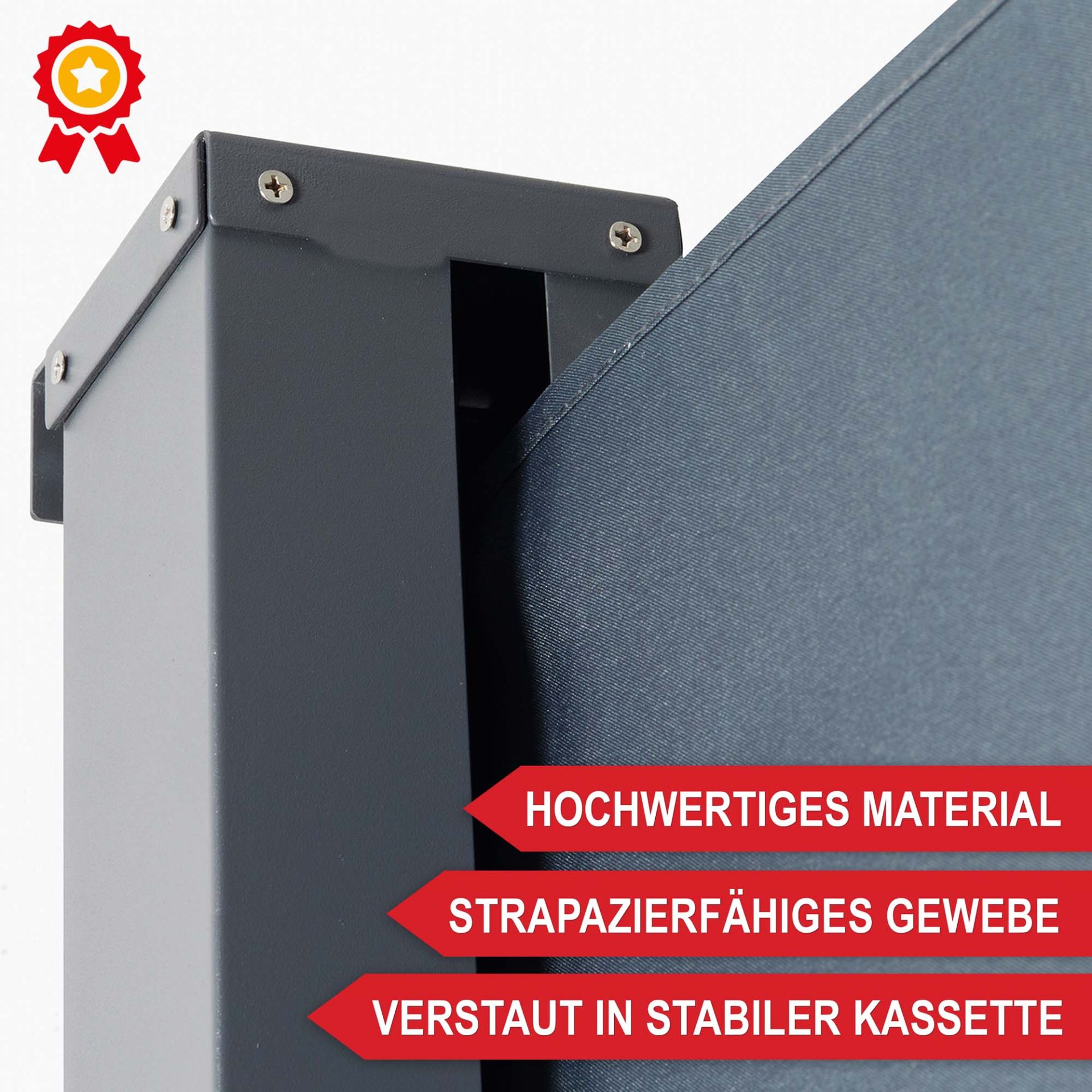 Hochwertiges Material, strapazierfähiges Gewebe, verstaut in stabiler Kassette - Seitenmarkise XL