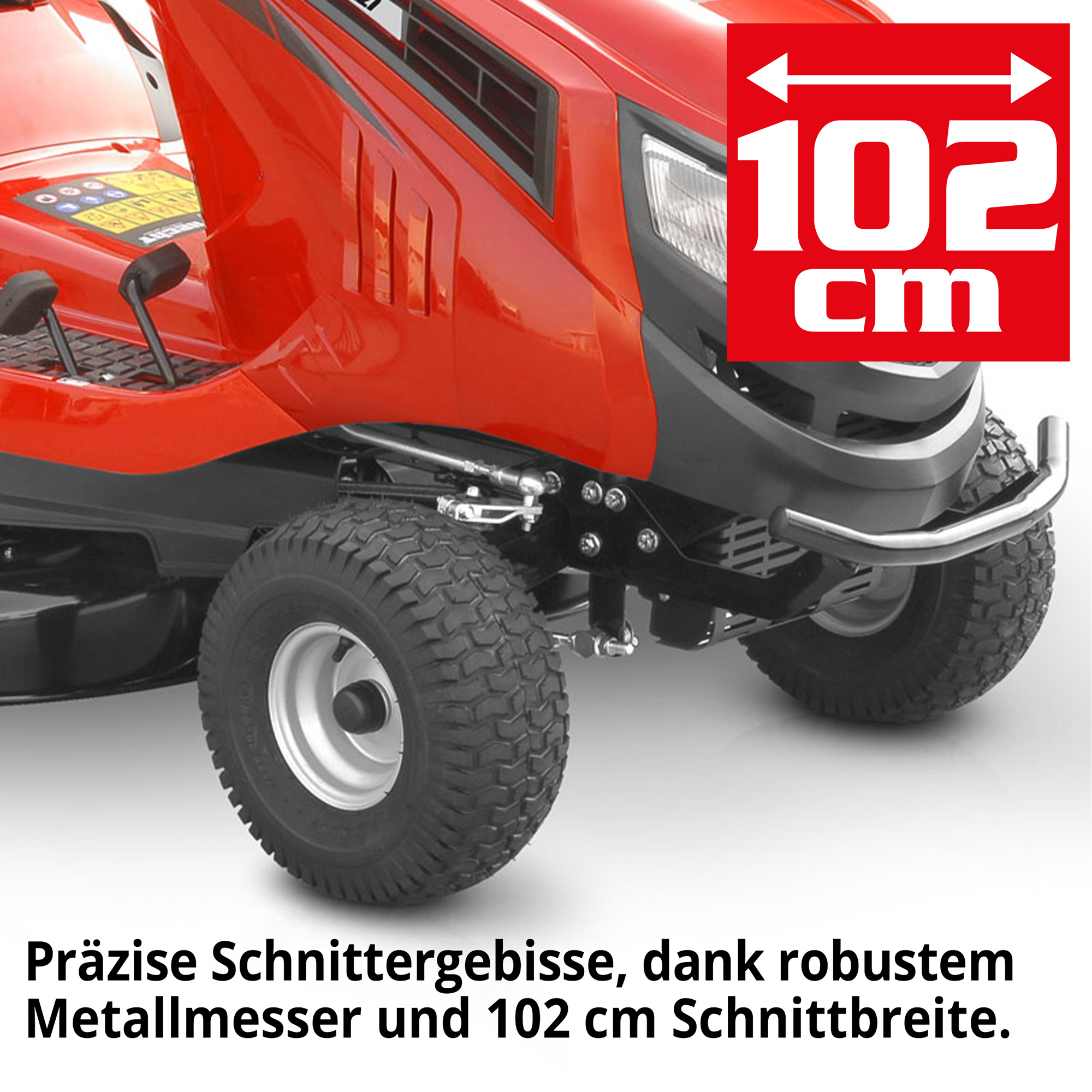 Hecht Aufsatzmäher mit 102 cm Schnittbreite und robusten Metallmesser 