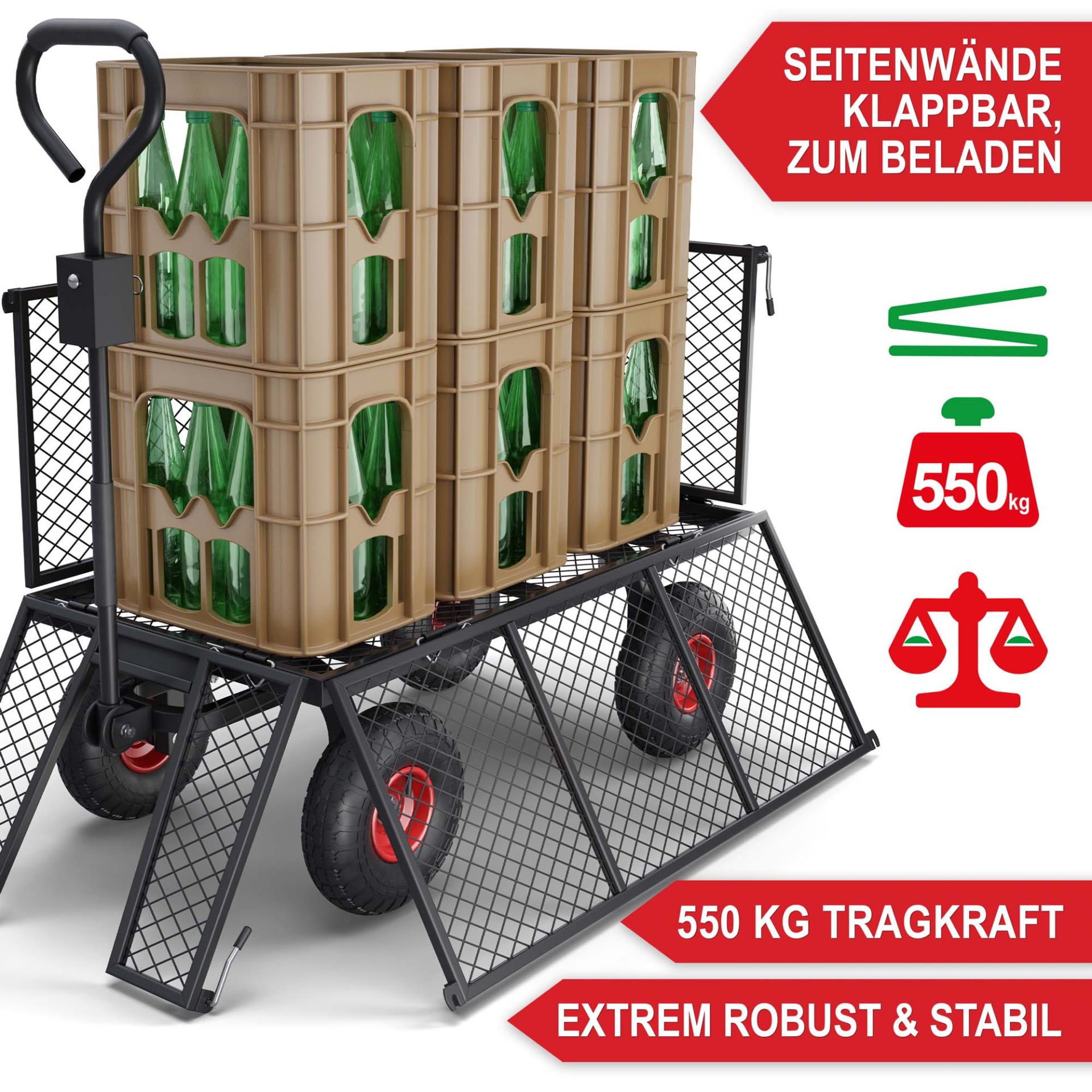 Transportwagen - Seitenwände klappbar zum Beladen, große Tragkraft, extrem robust und stabil