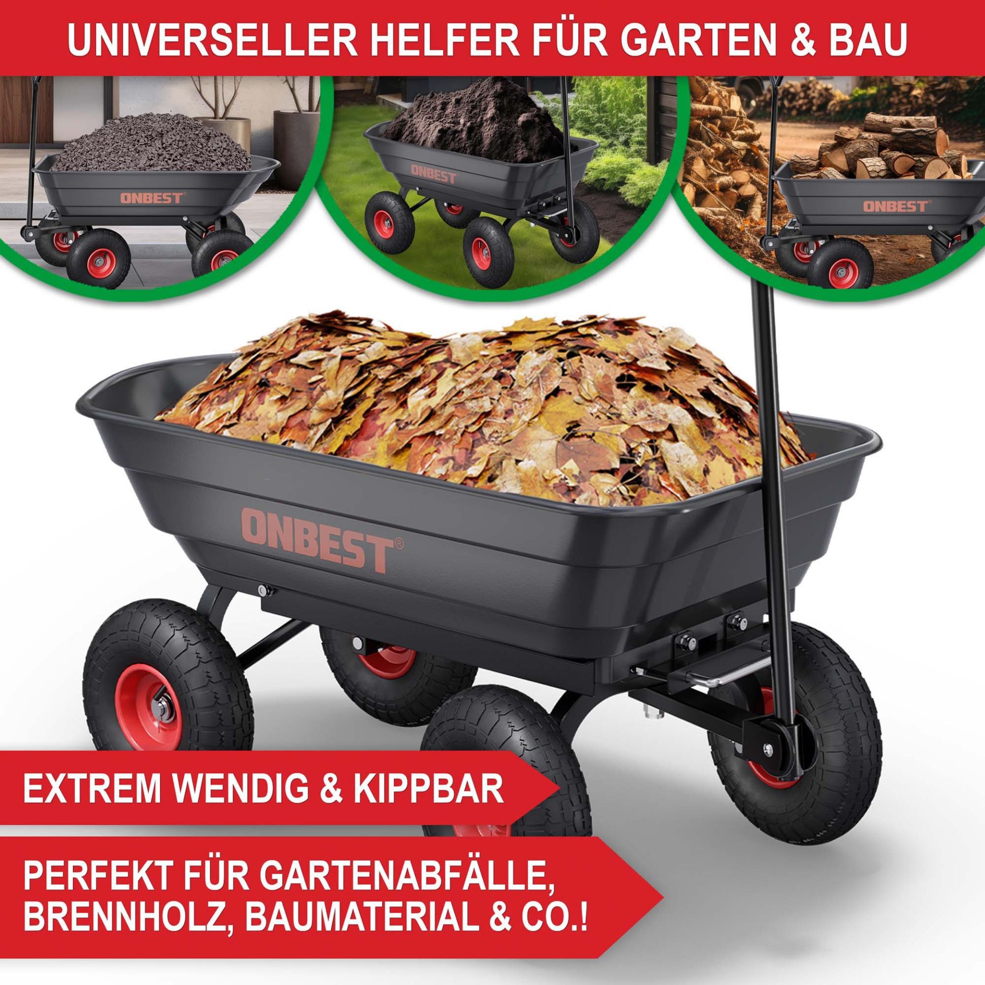 Gartenwagen - universeller Helfer für Garten und Bau, extrem, wenig und kippbar, perfekt für Gartenabfälle, Brennholz, Baumaterialien