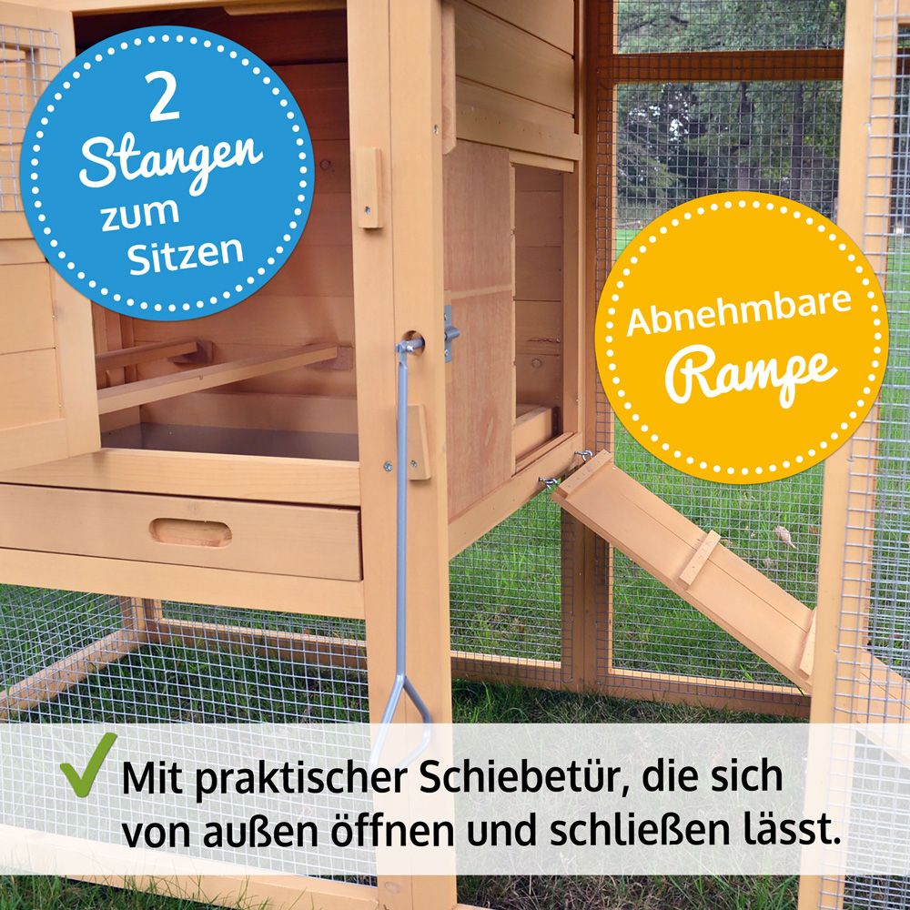 zooprinz Hühnervoliere Luxus praktische Schiebetür für einfache Bedienung und zwei komfortable Sitzstangen