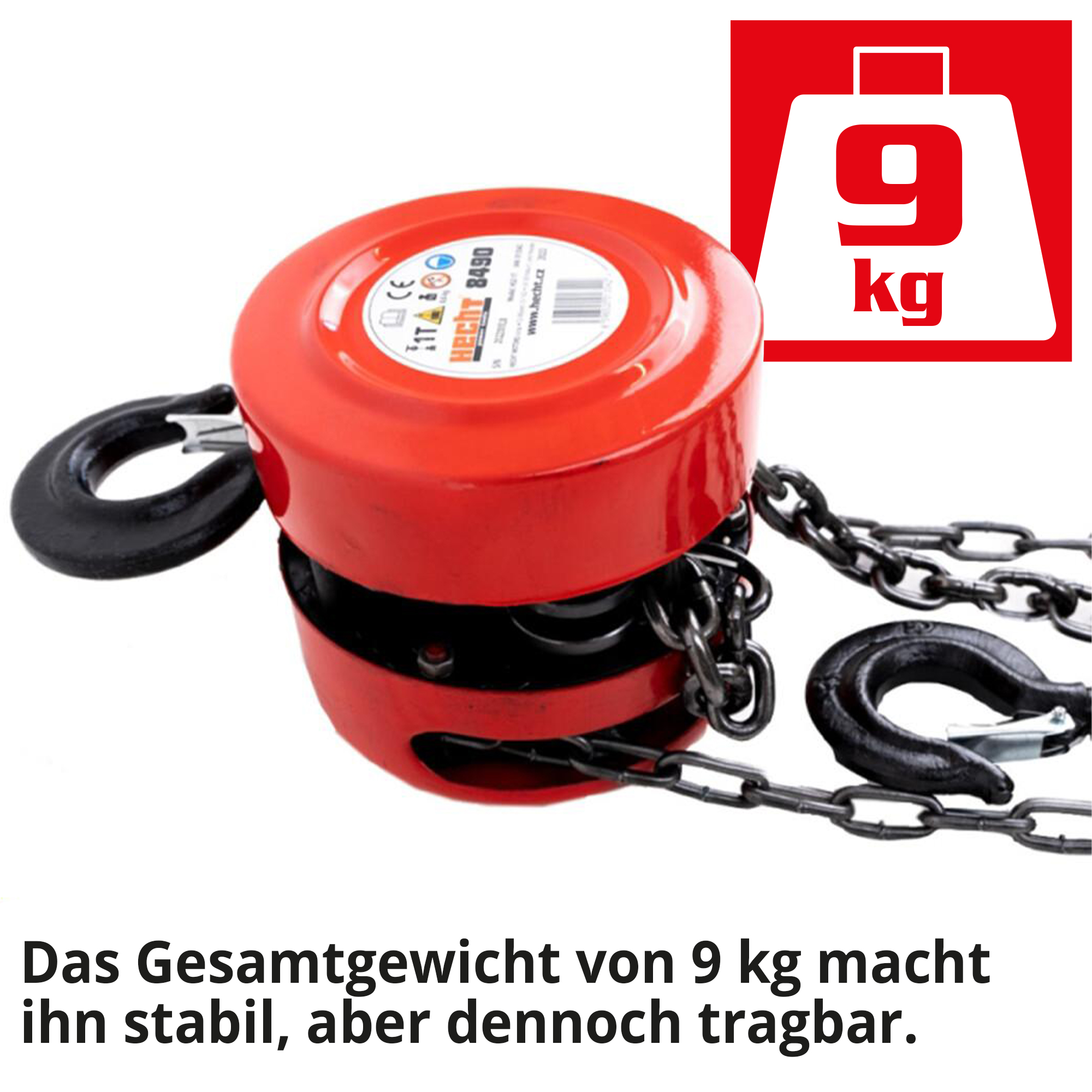 HECHT 8490 Kettenzug; Das leichte Gesamtgewicht macht ihn stabil, aber dennoch tragbar