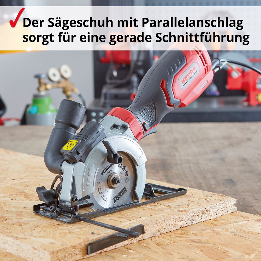 Hecht Mini Handkreissäge 1067; Der Sägeschuh mit Parallelanschlag sorgt für eine gerade Schnittführung