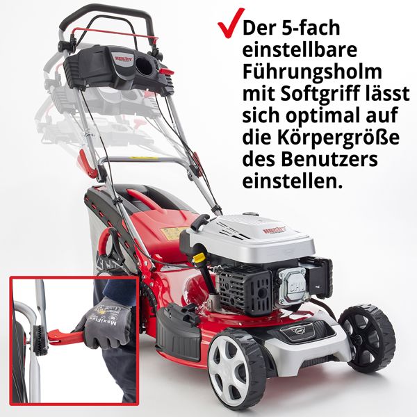 HECHT 553 SW Benzin Rasenmäher mit fünffach einstellbarem Führungsholm mit Softgriff, lässt sich optimal auf die Körpergröße des Benutzers einstellen