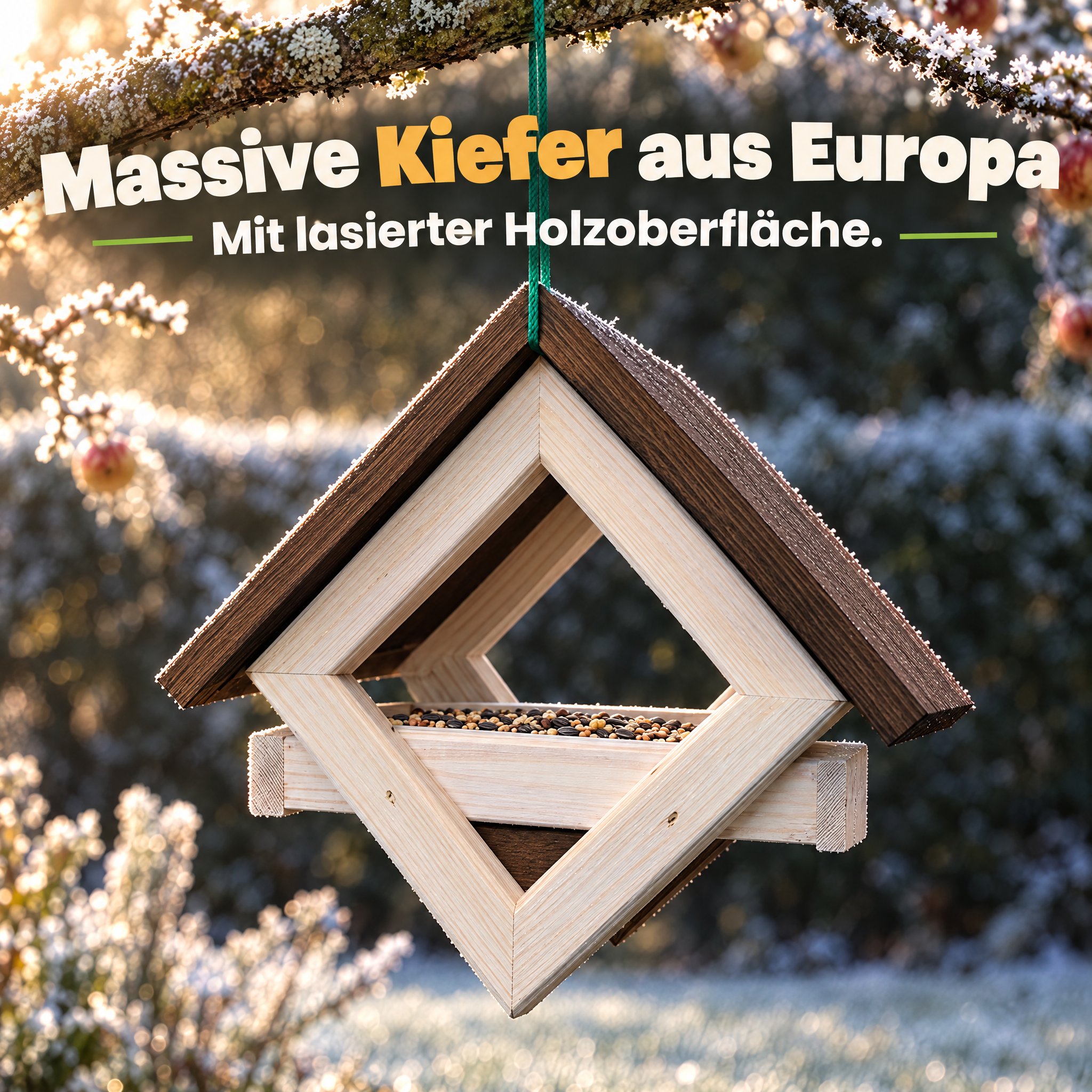Vogelhaus Material Weiß-Braun: Massive lasierte Kiefer aus Europa (Dieses Bild wurde mit Hilfe von KI generiert.)