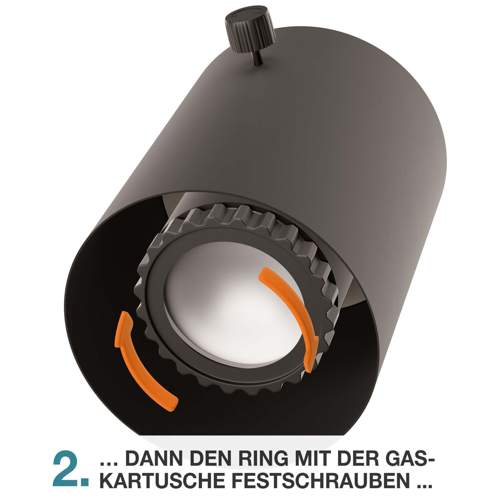 Festschrauben der Gaskartusche mit Drehverschluss am Tischkamin