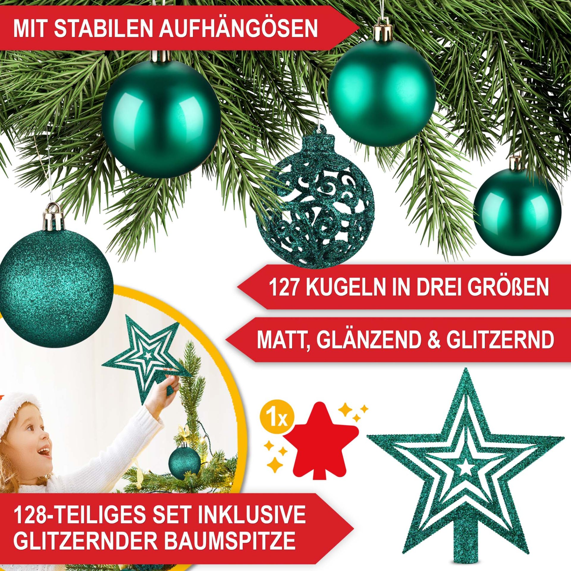 Weihnachtskugeln grün - Stabile Aufhängösen, 127 Kugeln in 3 Größen, matt, glänzend, glitzernd, inklusive Baumspitze