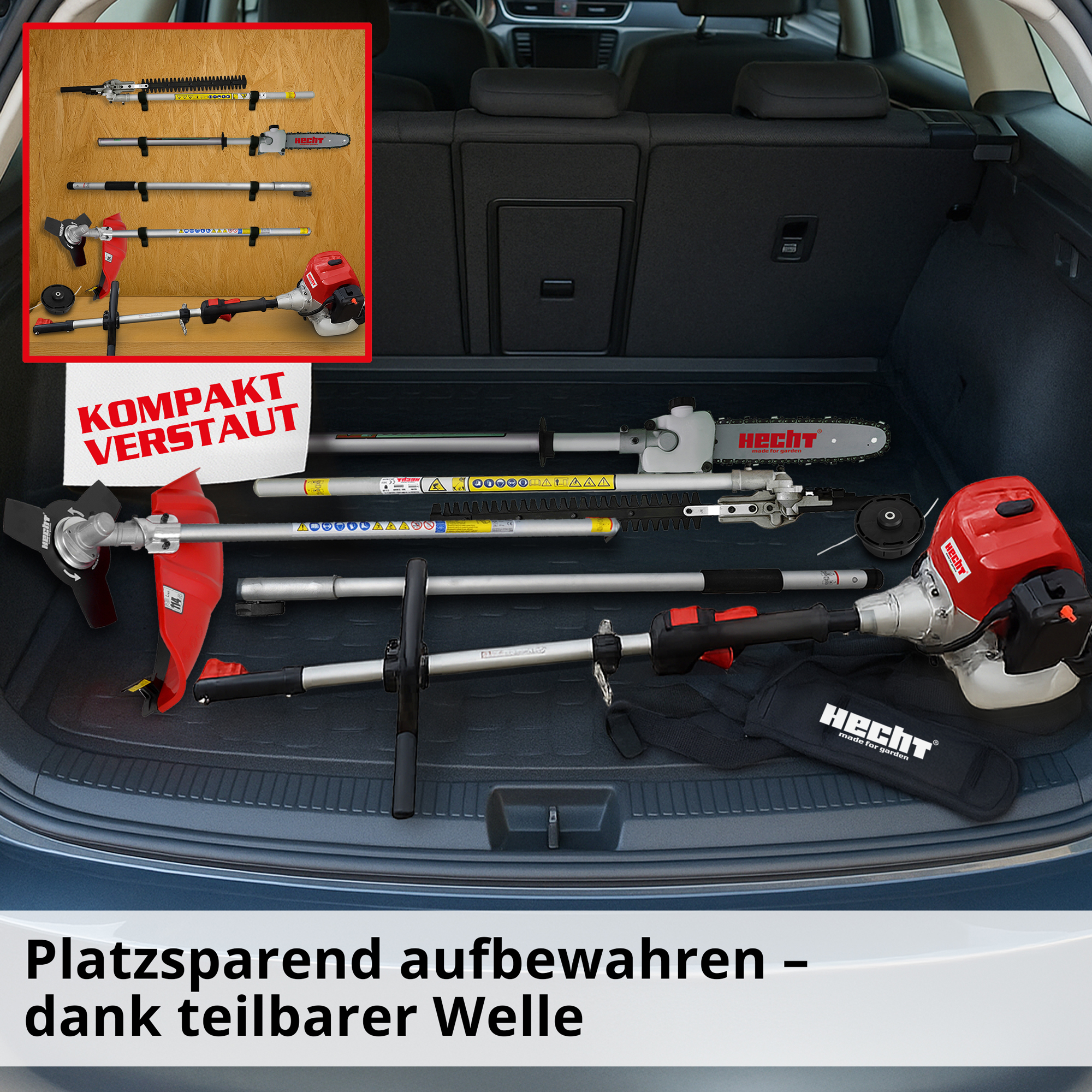 Benzin-Multtool HECHT 1352 kompakt verstaut