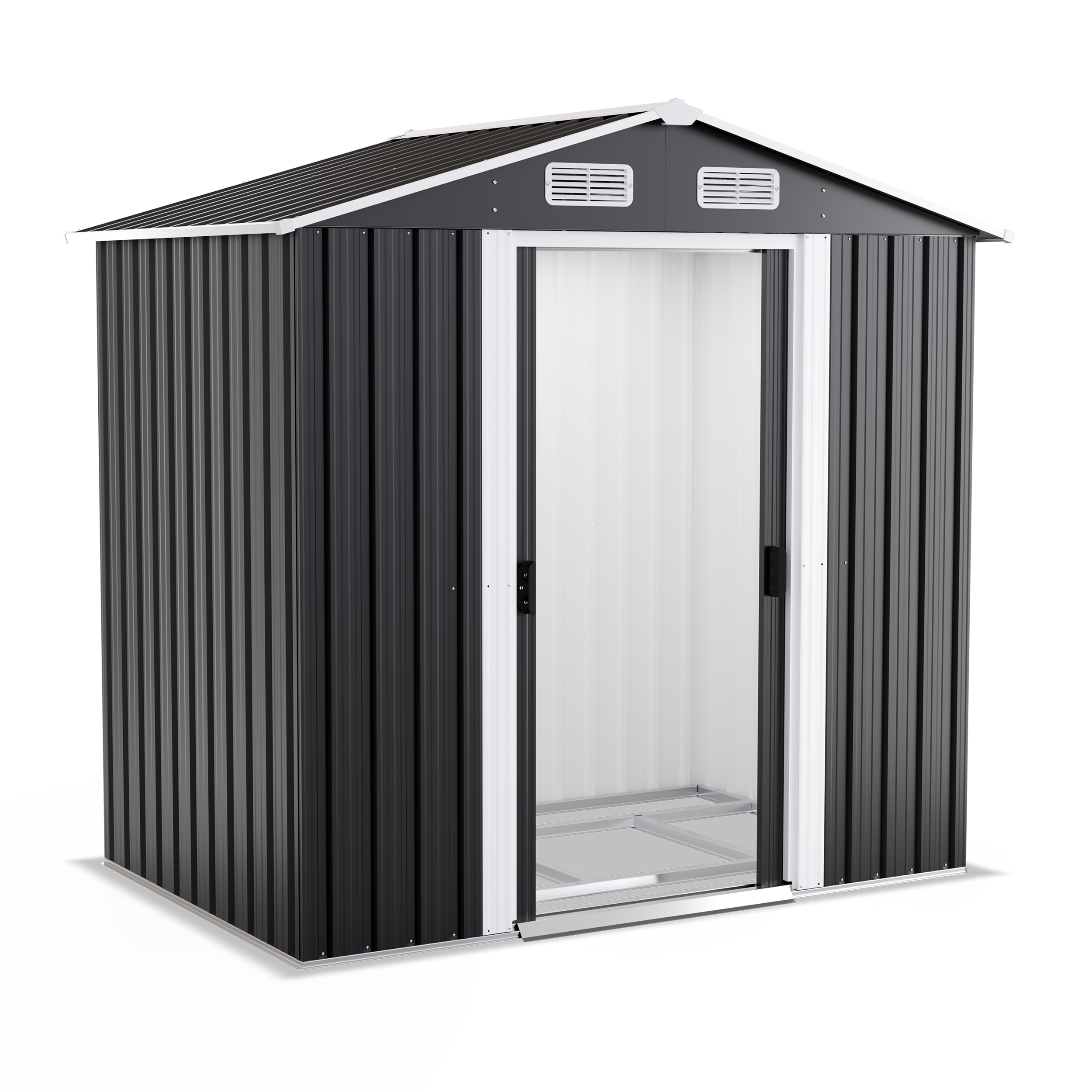 Gerätehaus mit offener Tür aus Stahlblech in Anthrazit