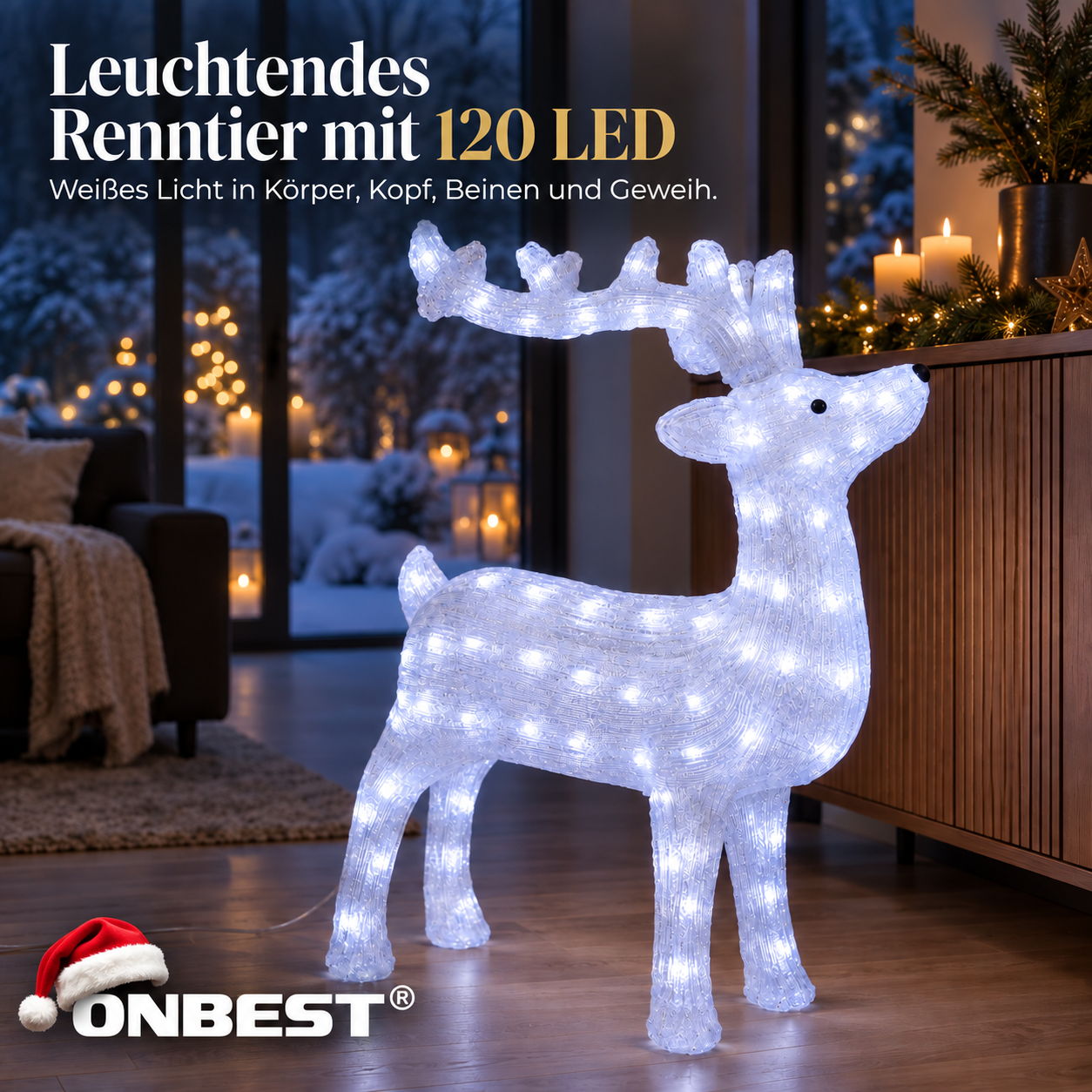 ONBEST LED-Rentier: Strahlende Weihnachtsfigur bestückt mit 120 LEDs (Dieses Bild wurde mit Hilfe von KI generiert.)