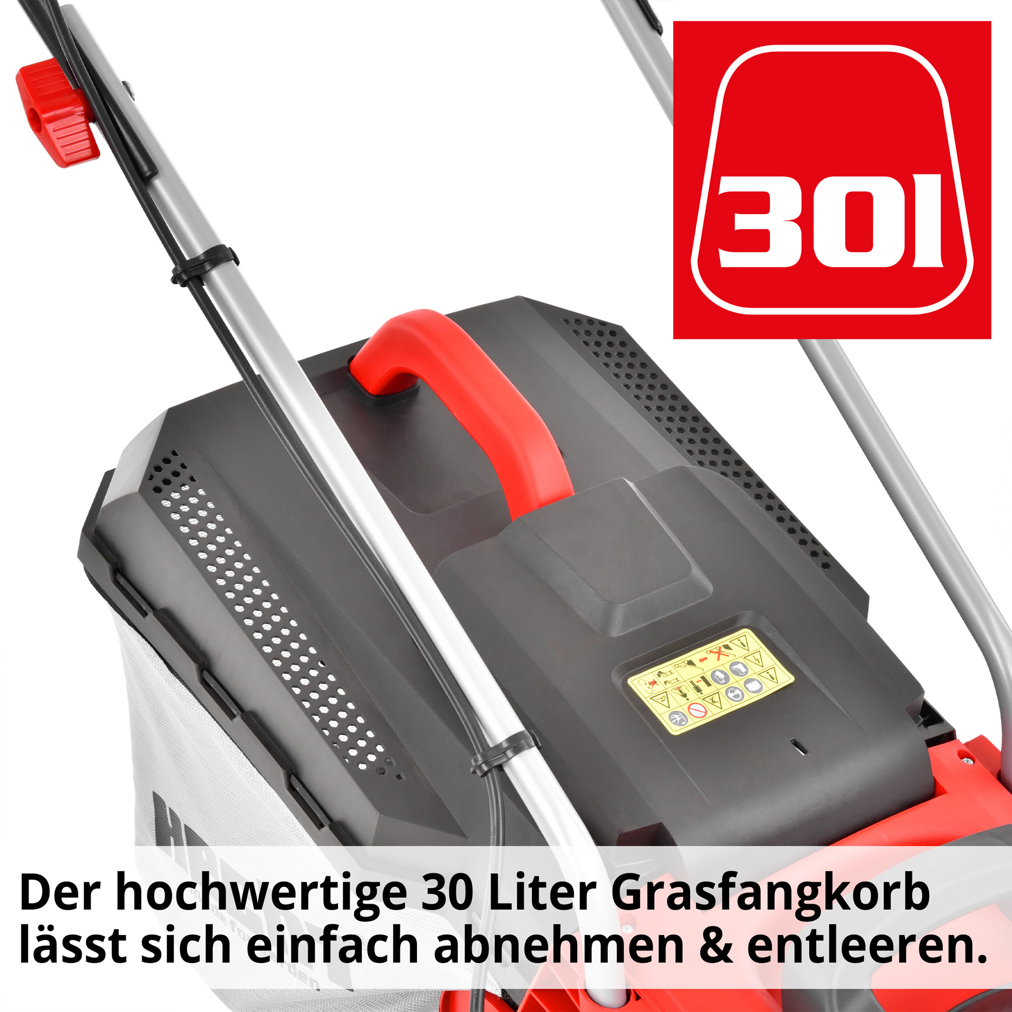Elektro-Rasenmäher mit 30 Liter Grasfangkorb auch leicht zu entleeren 