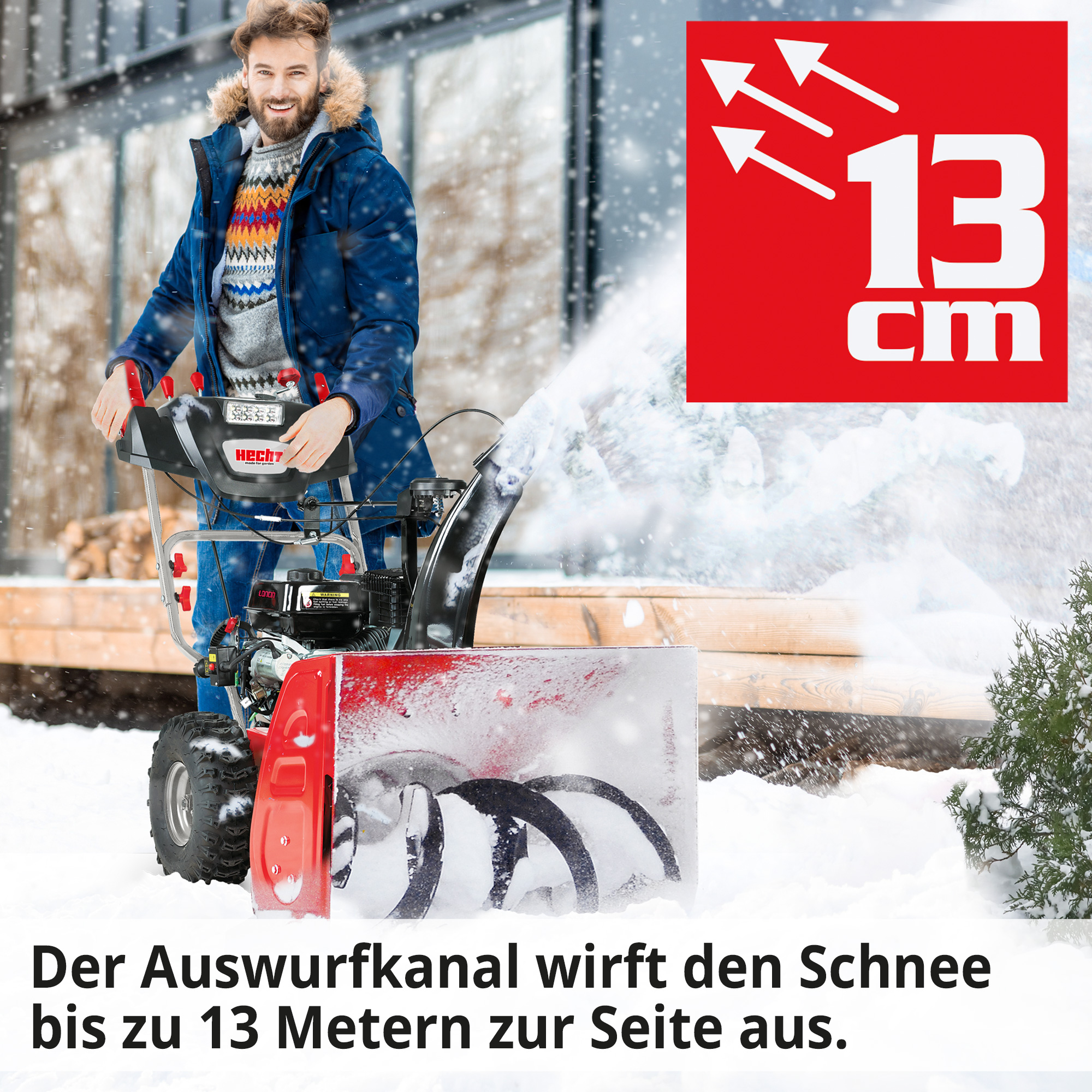 Auswurfkanal der Benzin Schneefräse wirft den Schnee bis zu 13 Meter aus