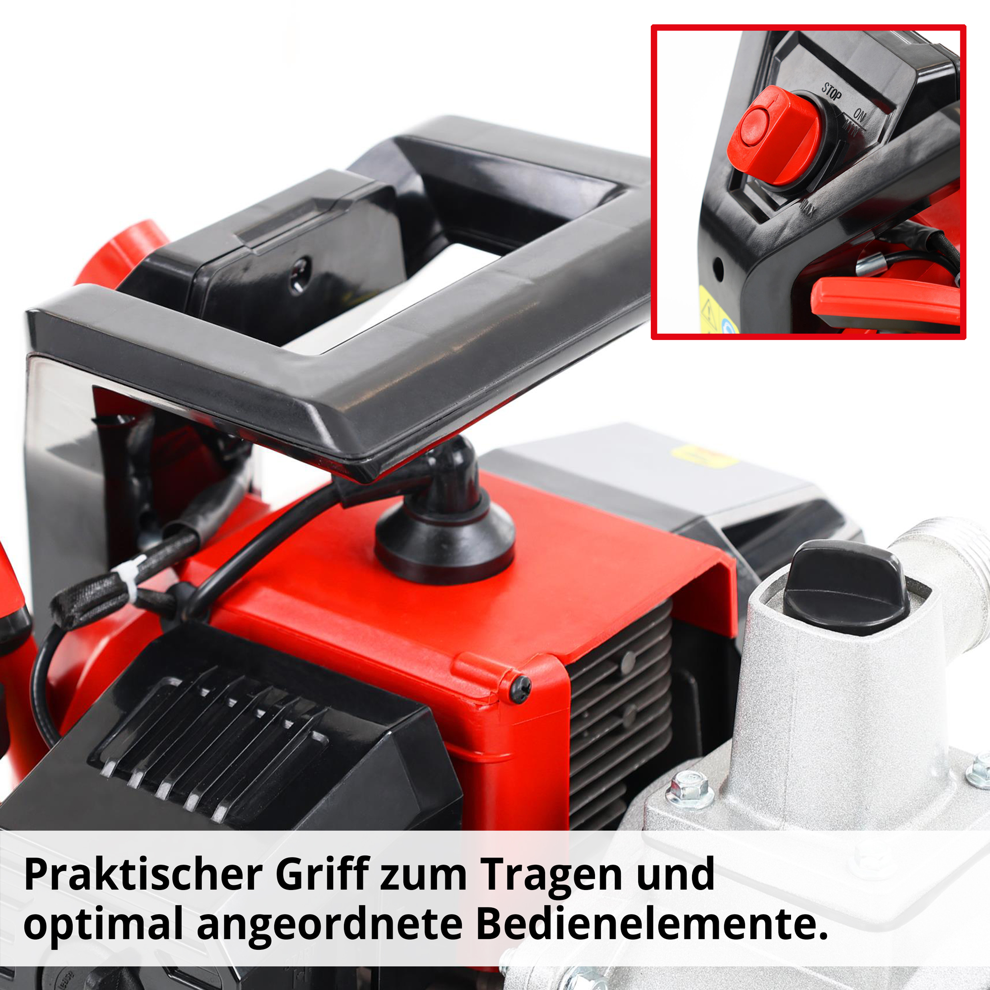 Benzin Wasserpumpe mit praktischem Griff zum Tragen und optimal angeordneter Bedienelemente