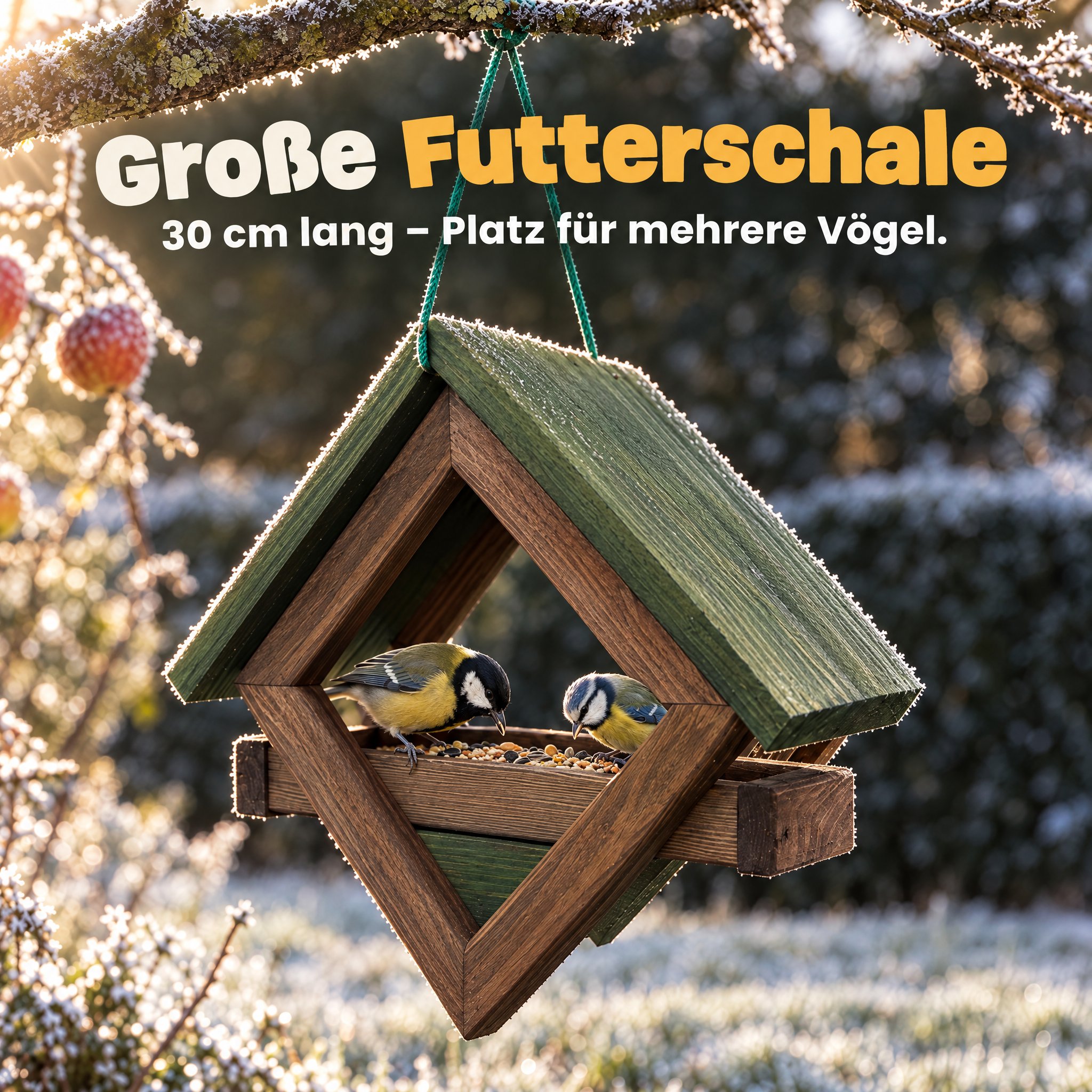 Große Futterschale Braun-Grün: Mit 30 cm Länge viel Platz für Meisen (Dieses Bild wurde mit Hilfe von KI generiert.)