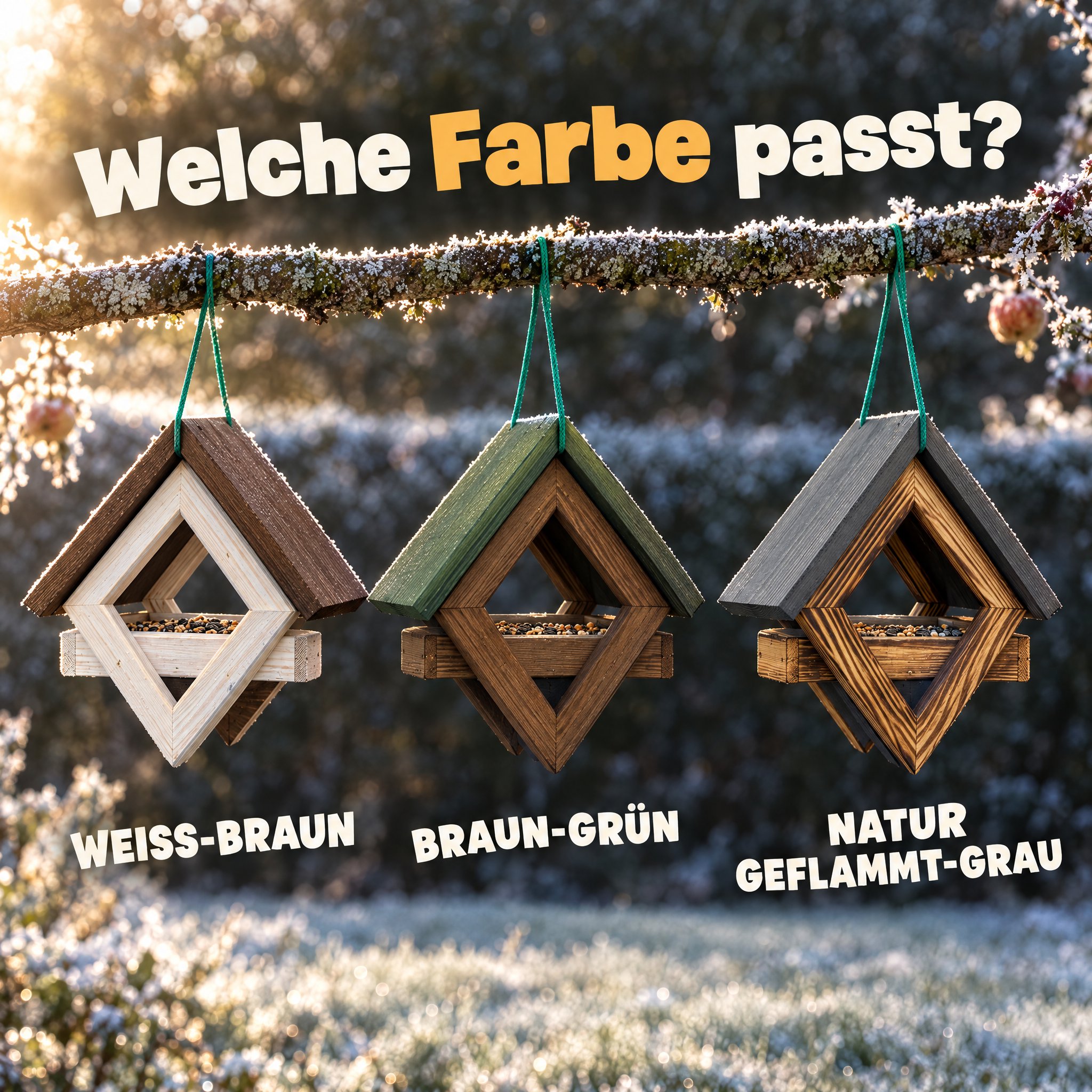 Farbvarianten Birdy Bar: Erhältlich in Weiß-Braun, Braun-Grün und Natur (Dieses Bild wurde mit Hilfe von KI generiert.)