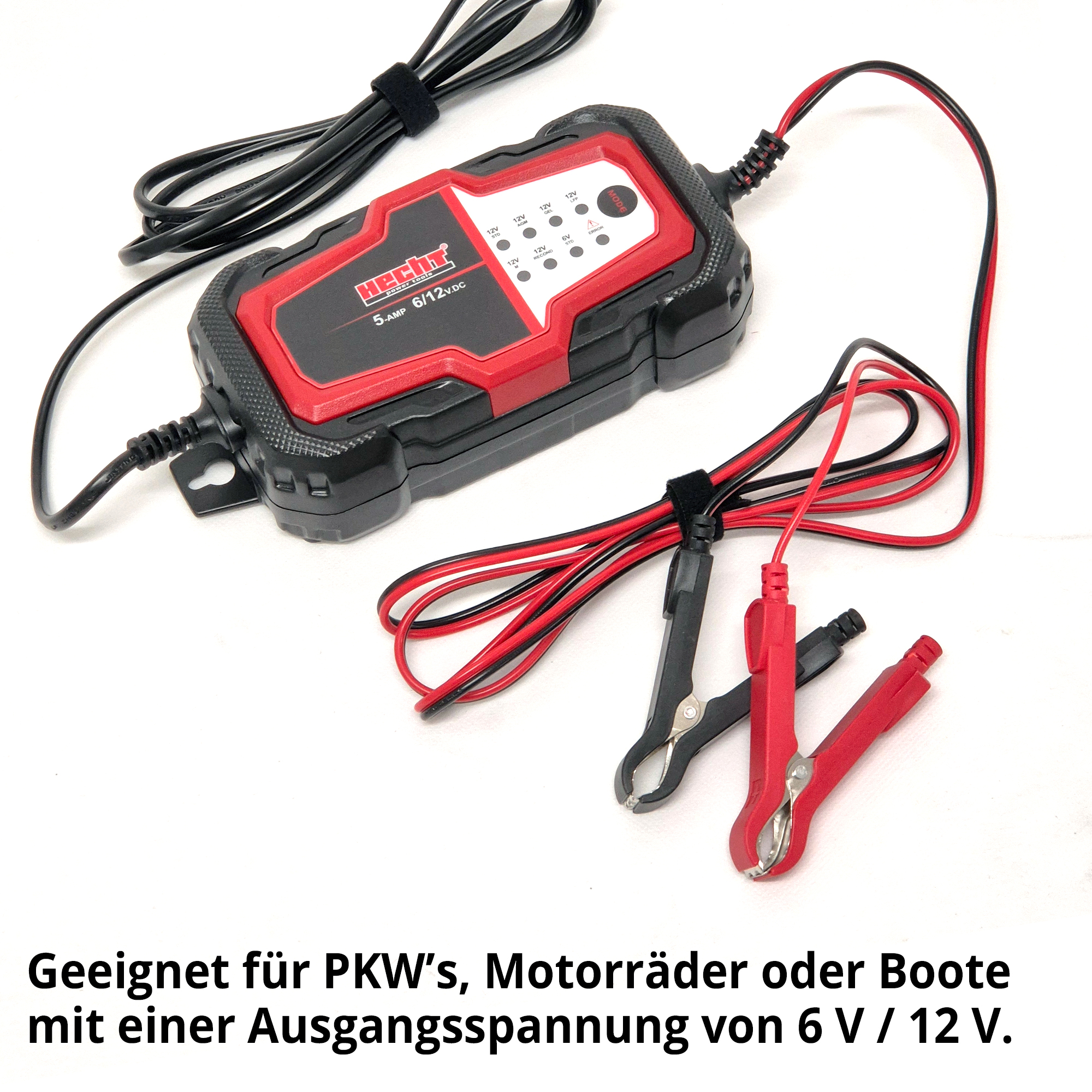 HECHT 2019 Erhaltungsladegerät geeignet für PKWs, Motorräder oder Boote mit einer Ausgangsspannung von 6 Volt oder 12 Volt