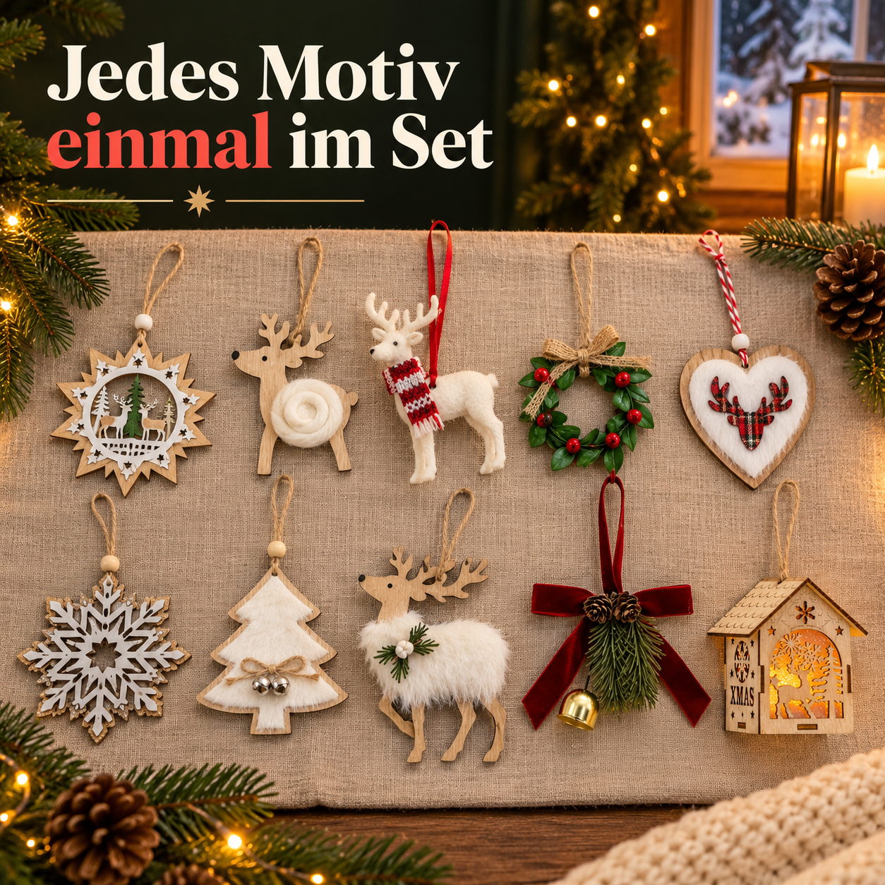 Baumschmuck Set ONBEST: 10 verschiedene Holzanhänger festlich dekoriert (Dieses Bild wurde mit Hilfe von KI generiert.)