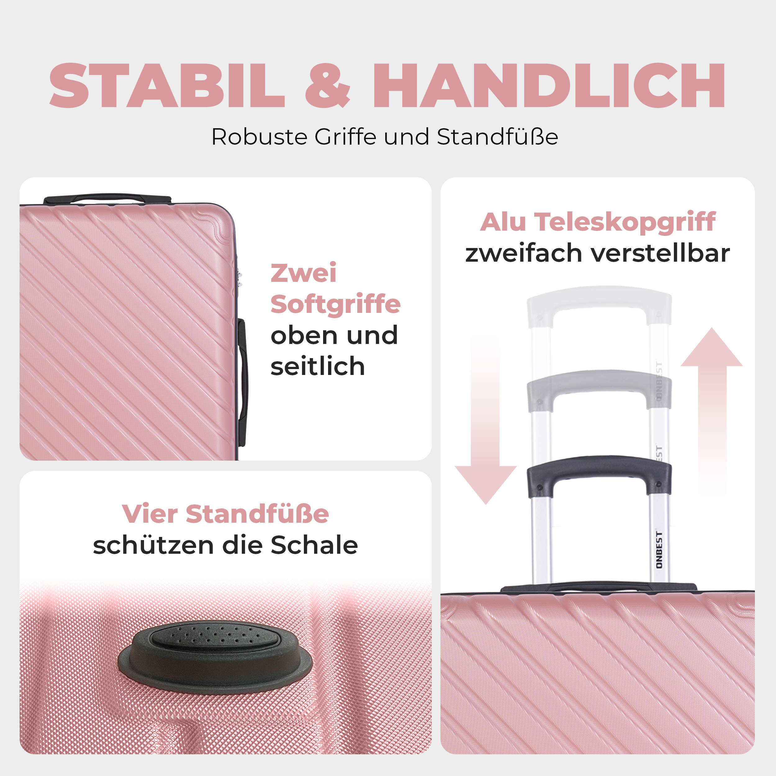 Trolley Set ONBEST 3-teilig Rose Gold mit Teleskopgriff und Softgriffen
