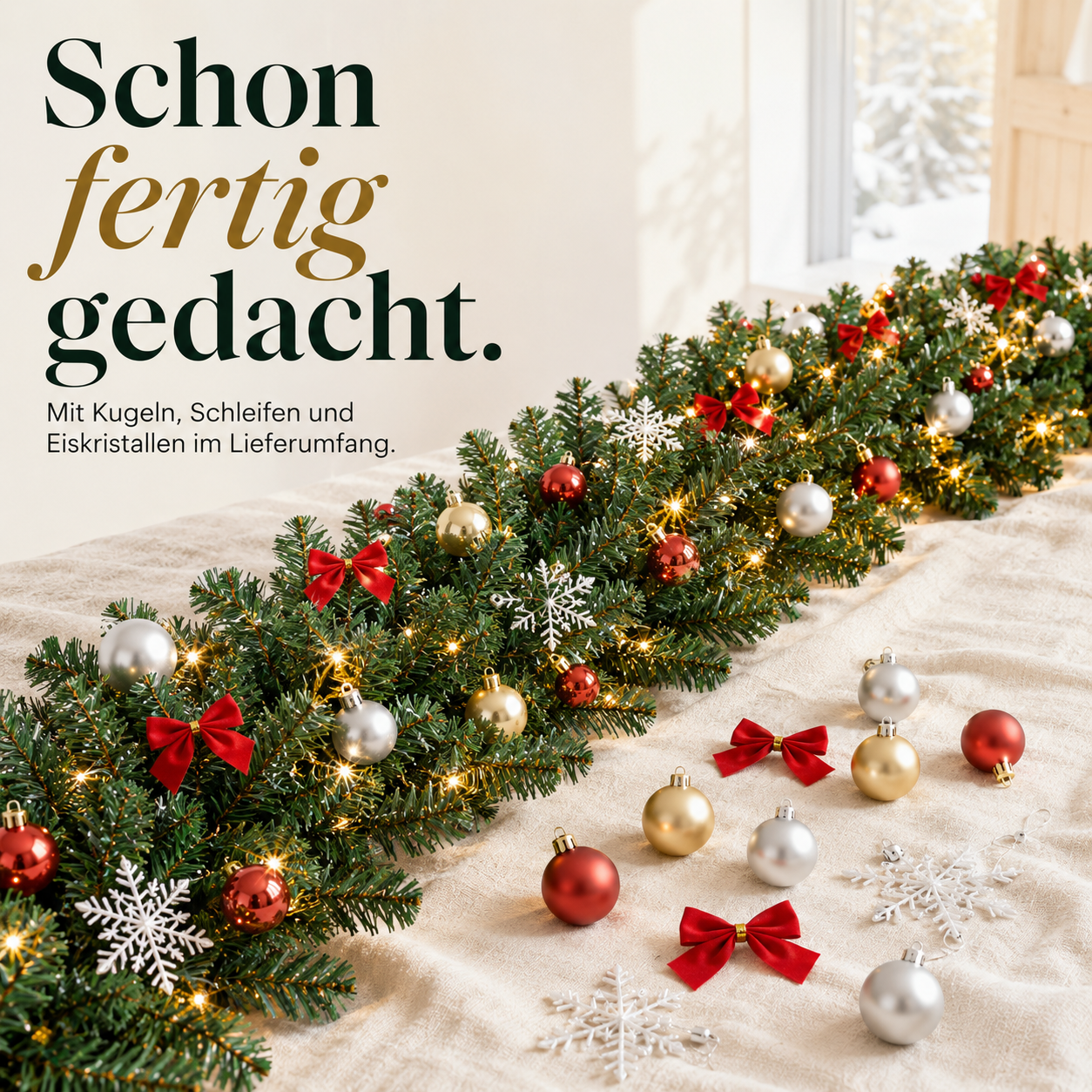 Festliche Girlande ONBEST inklusive Set aus Kugeln, Schleifen und Kristallen (Dieses Bild wurde mit Hilfe von KI generiert.)