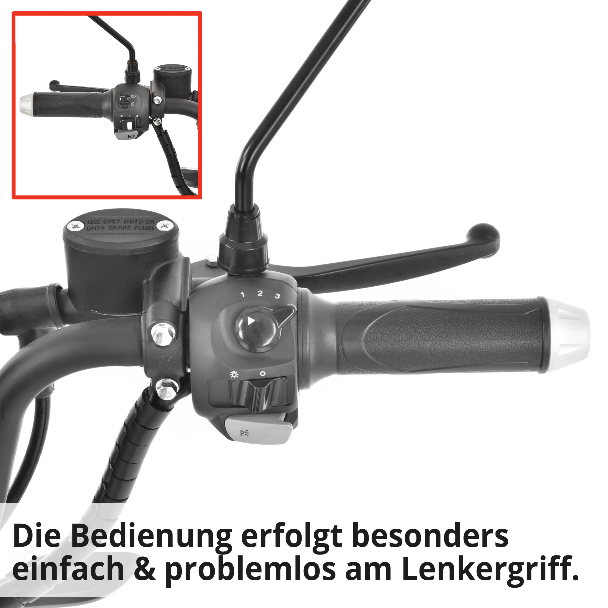 Hecht BETIS Silver E-Mofa; Die Bedienung erfolgt besonders einfach und problemlos am Lenkgriff