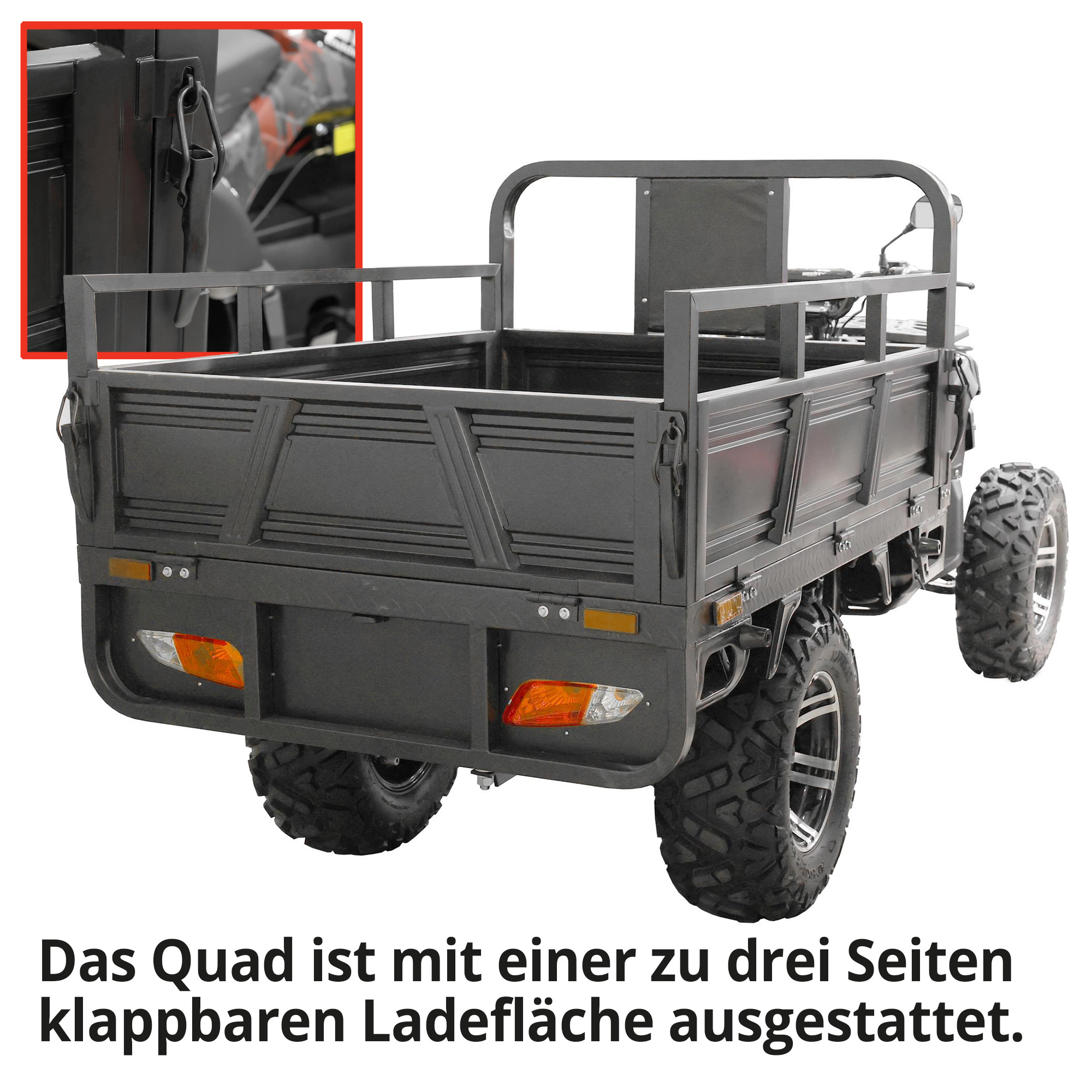 Hecht Farmis - Quad mit Pritsche ist mit einer zu 3 Seiten klappbaren Ladefläche ausgestattet
