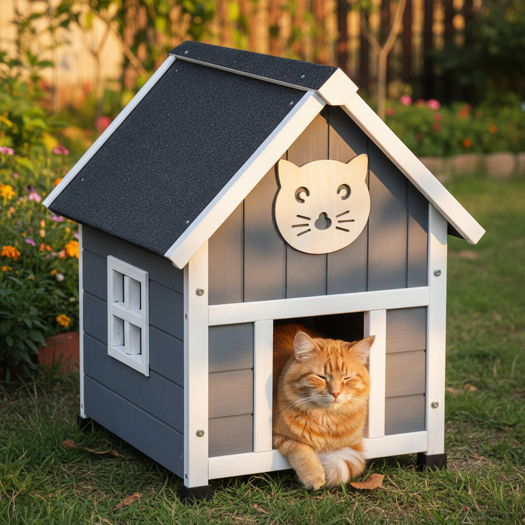 Katzenhaus aus Holz mit Bitumendach und grauer Lasur im Garten