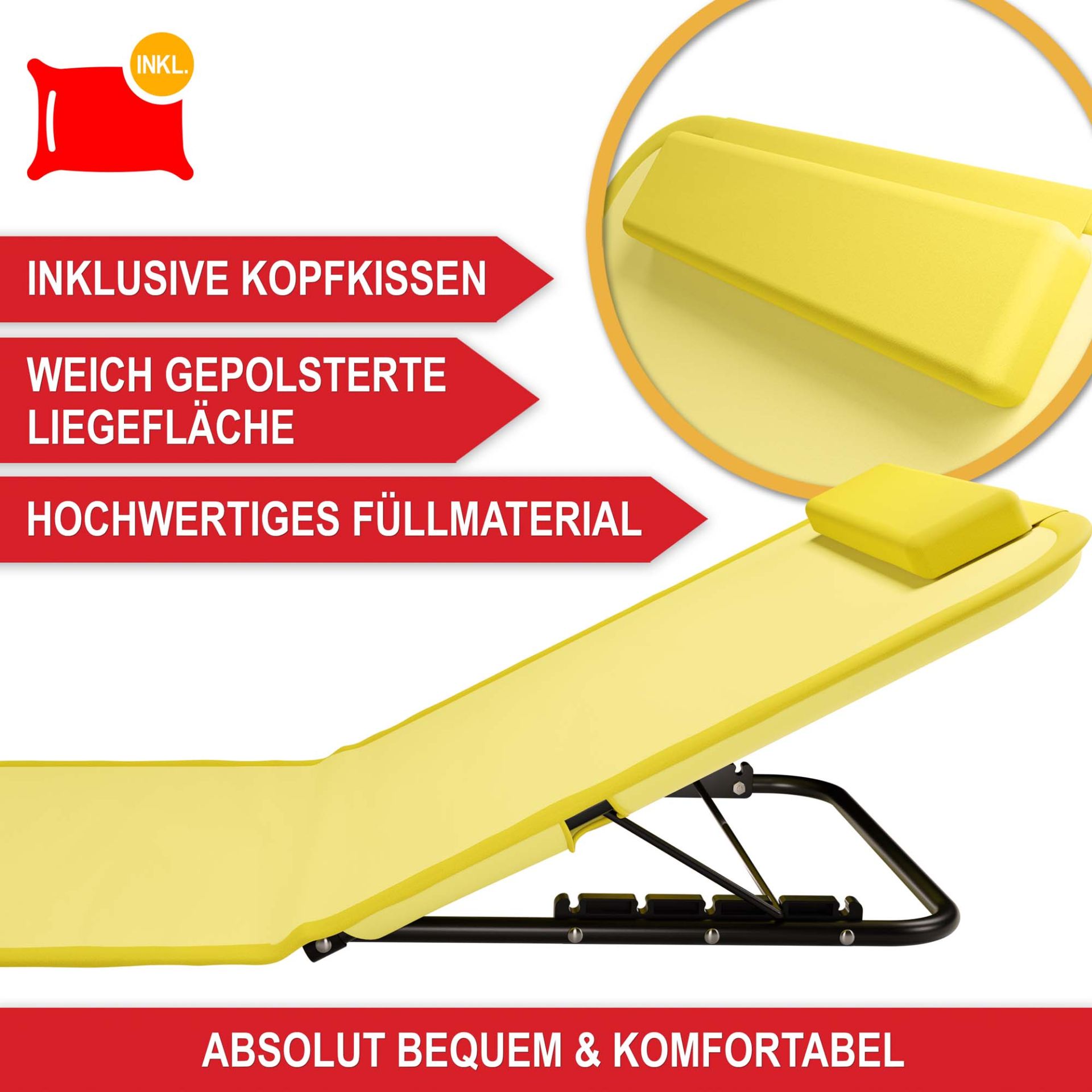 Strandliege gelb - Inklusive Kopfkissen, weich gepolsterte Liegefläche, hochwertiges Füllmaterial, absolut komfortabel