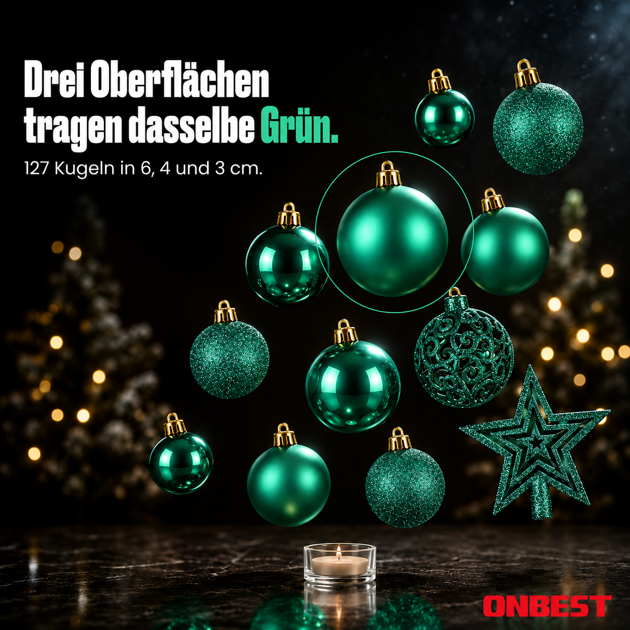 ONBEST Christbaumkugeln: 127 Kugeln in Grün mit 3 Oberflächen (Dieses Bild wurde mit Hilfe von KI generiert.)