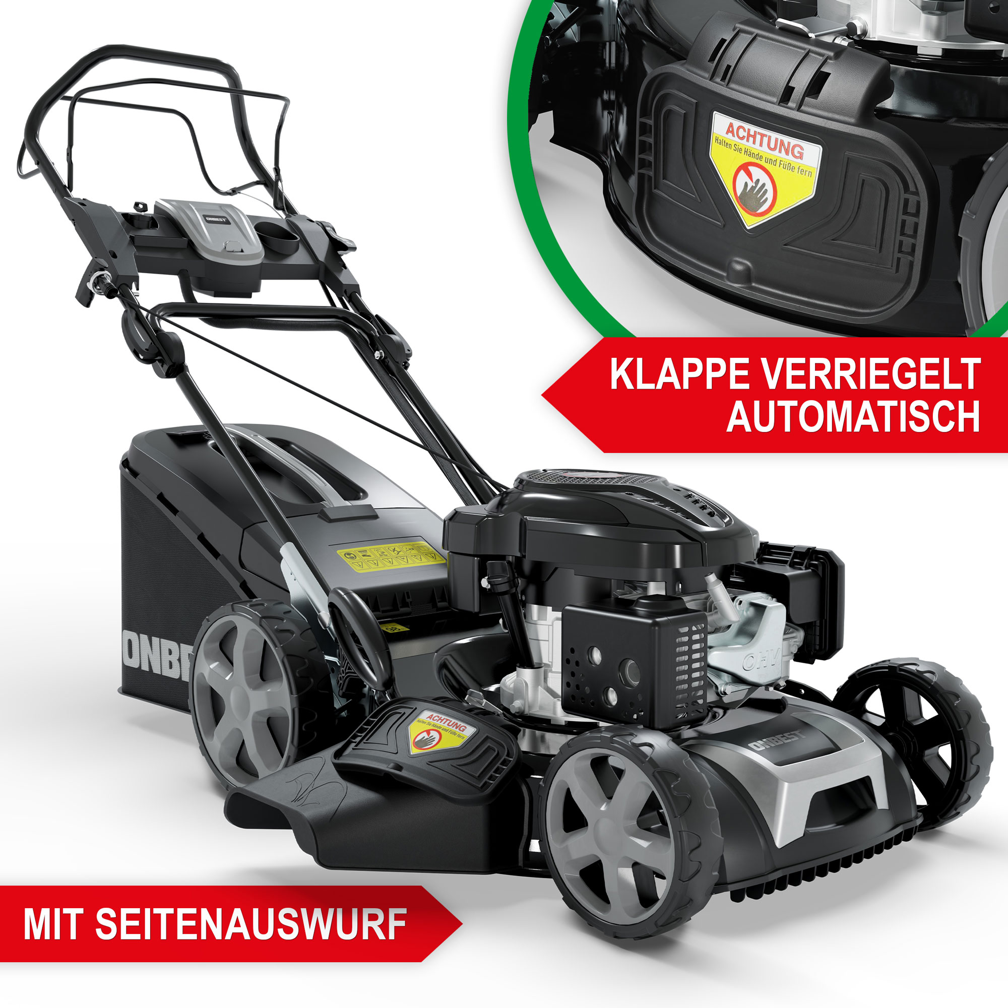 Rasenmäher Benzin TXC-3653 E - Klappe verriegelt automatisch; mit Seitenauswurf