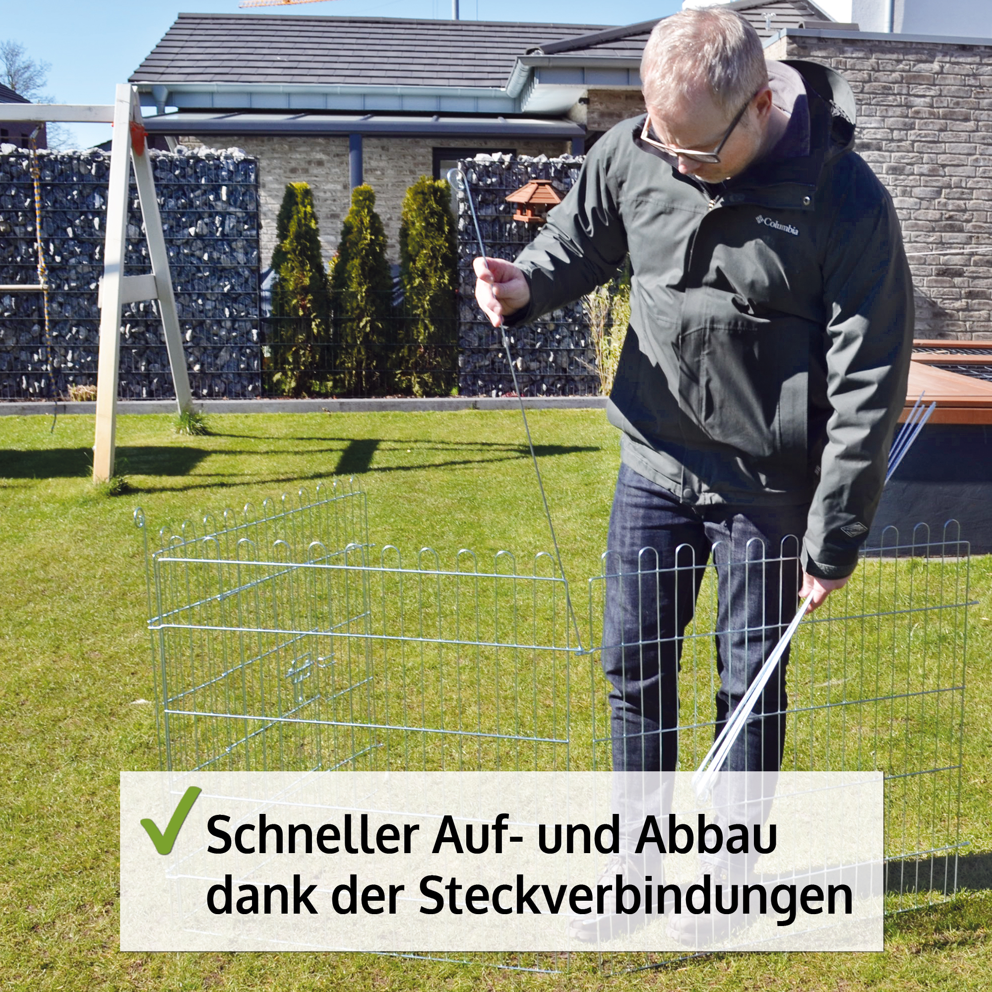 Freilaufgehege mit festem Haken hält Netz und Plane sicher am Gitter