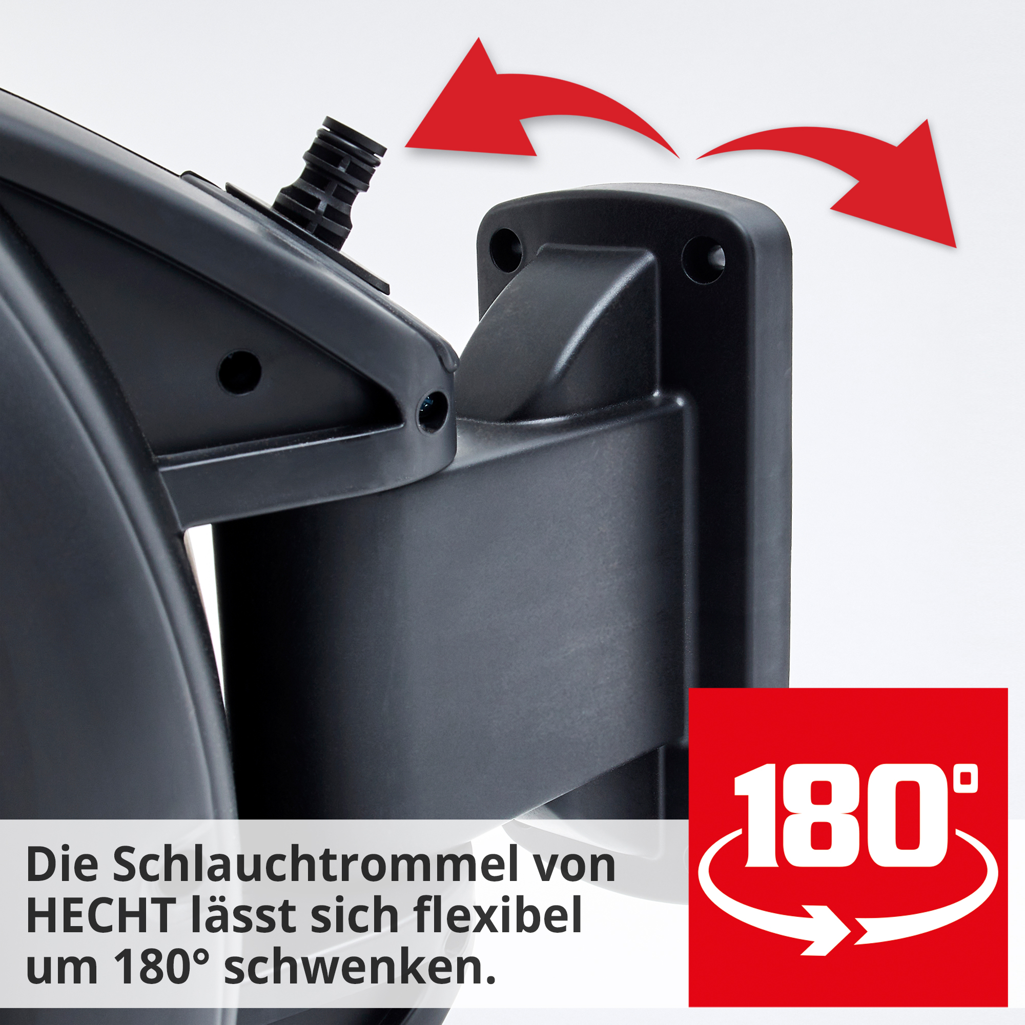 Hecht 08667 Wand-Schlauchtrommel lässt sich flexibel um 180 Grad schwenken Hecht 08667 Wand-Schlauchtrommel lässt sich flexibel um 180 Grad schwenken
