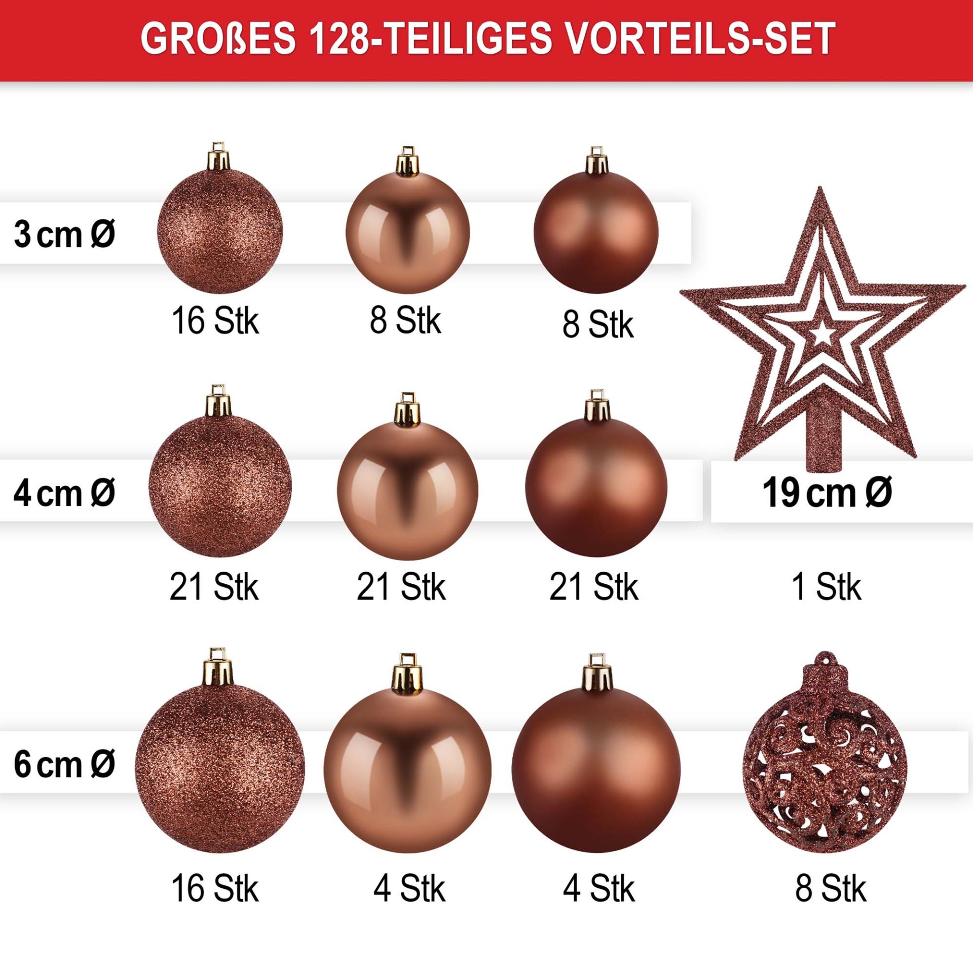 Weihnachtskugeln braun - Großes 128 teiliges Vorteils-Set, kleine, mittlere , große Kugeln und Stern
