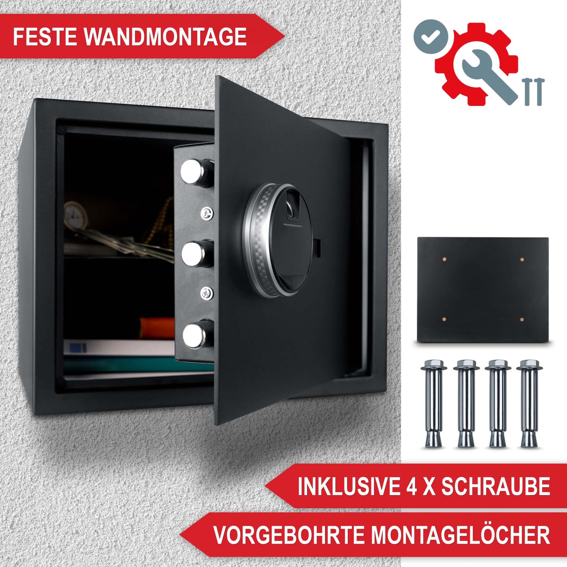 Möbeltresor L - Feste Wandmontage, Inklusive 4 Schrauben, vorgebohrte Montagelöcher