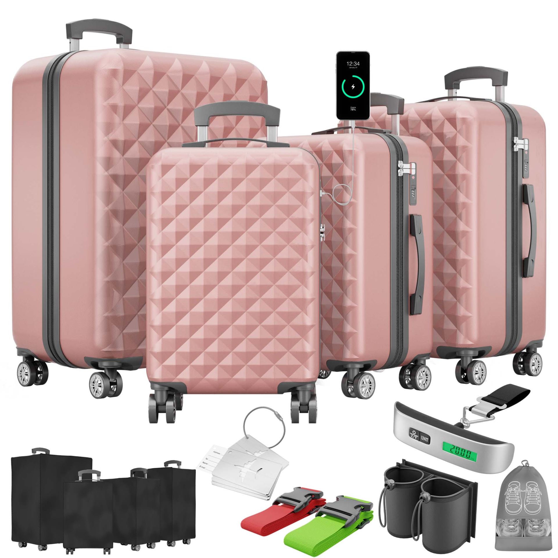 Hartschalenkofferset ONBEST 4-teilig Rose Gold mit USB, TSA-Schloss & Zubehör – stylisch, sicher und reisetauglich