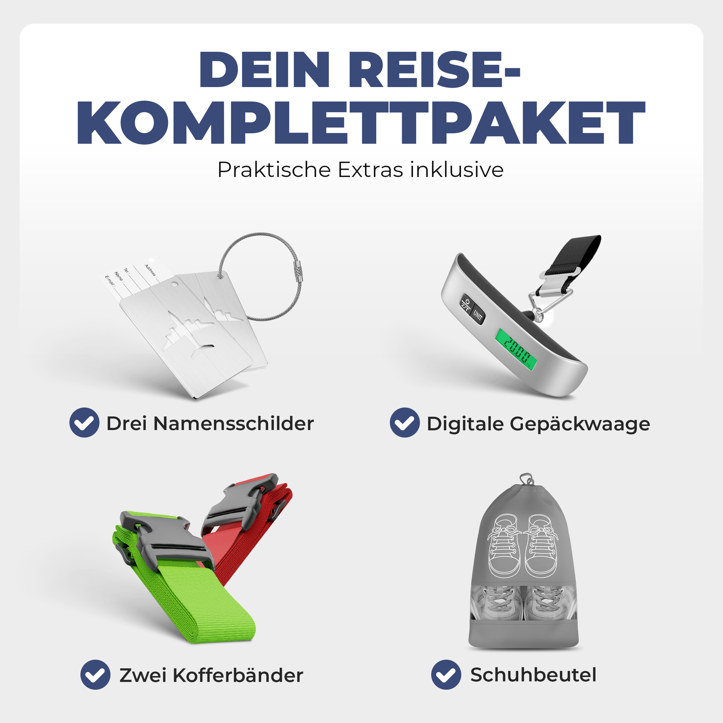 Reiseset ONBEST Dunkel Blau mit Namensschildern, Kofferbändern und Schuhbeutel