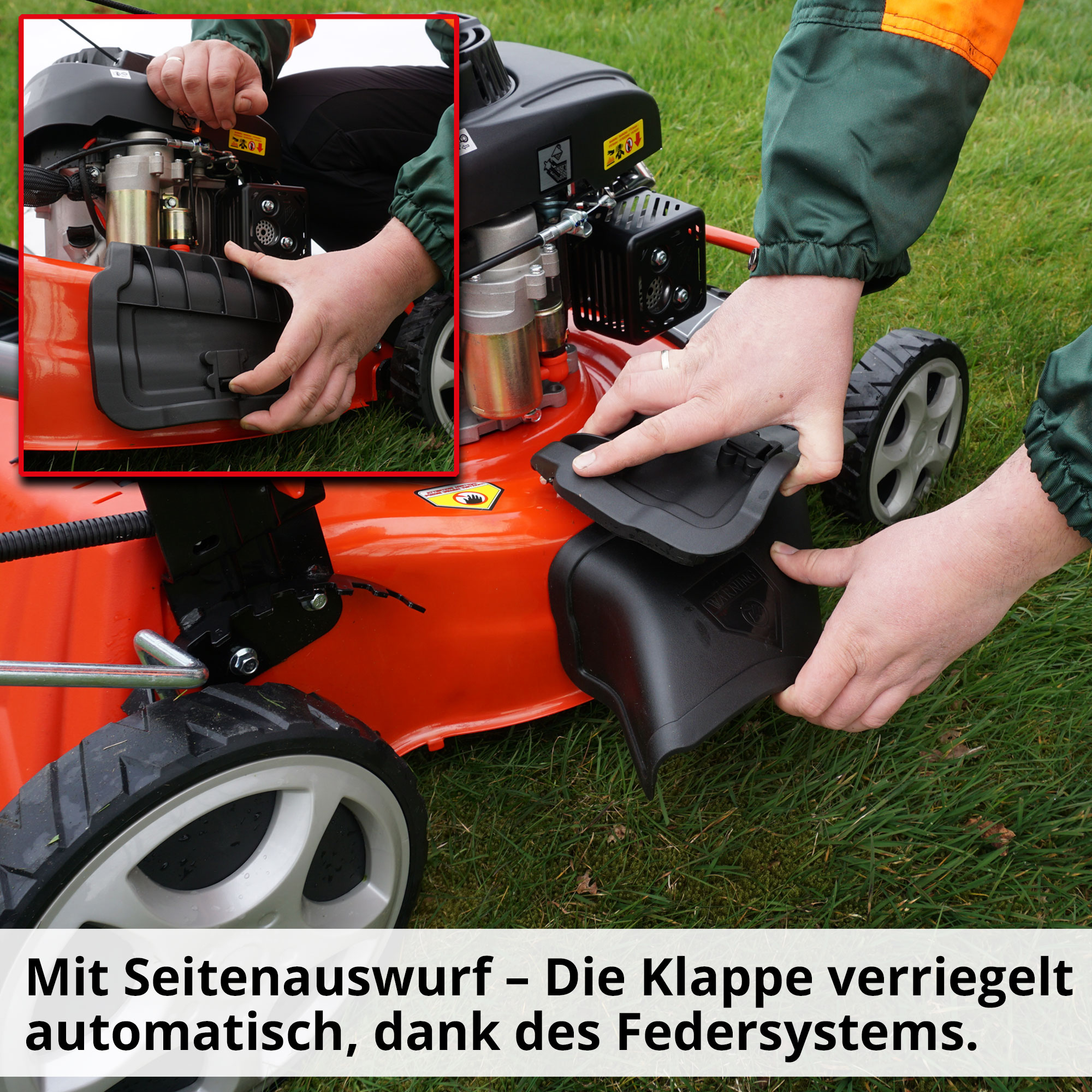 Benzinrasenmäher mit Seitenauswurf Klappe verriegelt automatisch durch Federmechanismus  (Dieses Bild wurde mit Hilfe von KI generiert.)