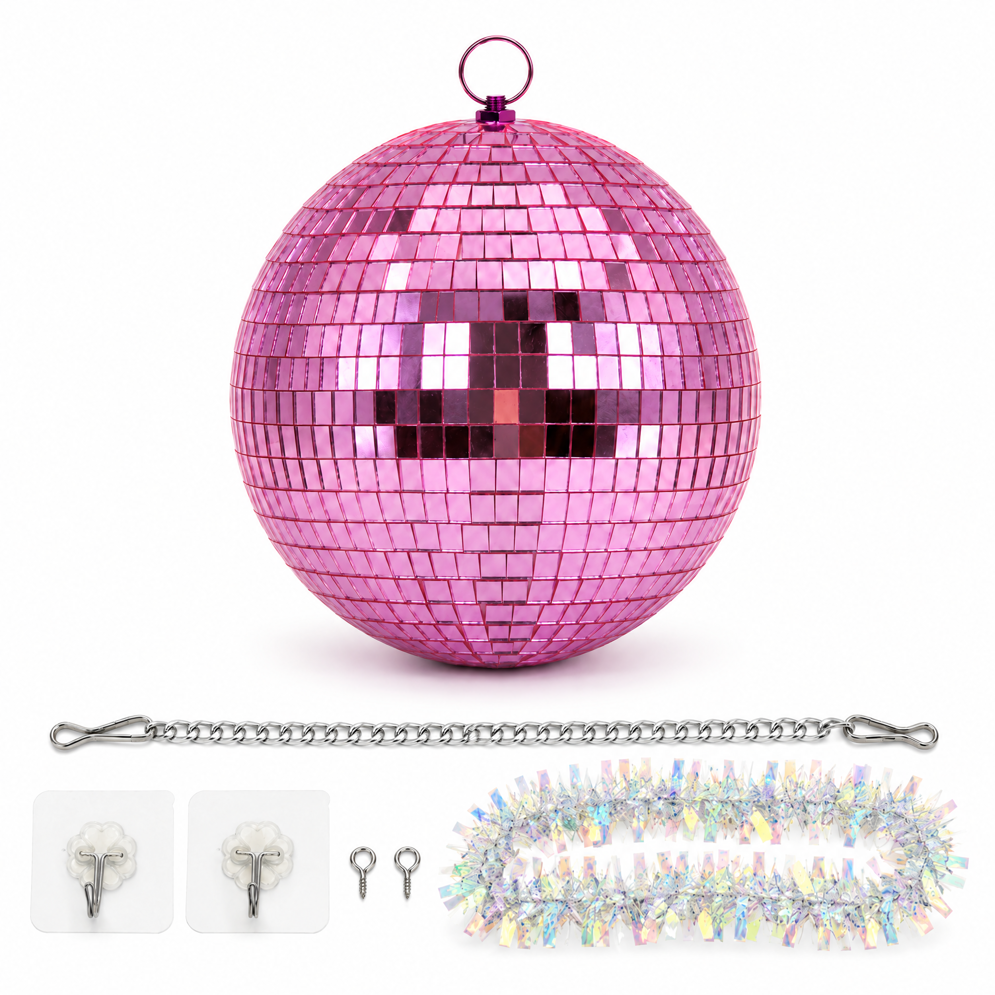 ONBEST Discokugel 20 cm Pink mit Hängekette, Klebehaken, Ringschraube und Lametta-Girlande (Dieses Bild wurde mit Hilfe von KI generiert.)