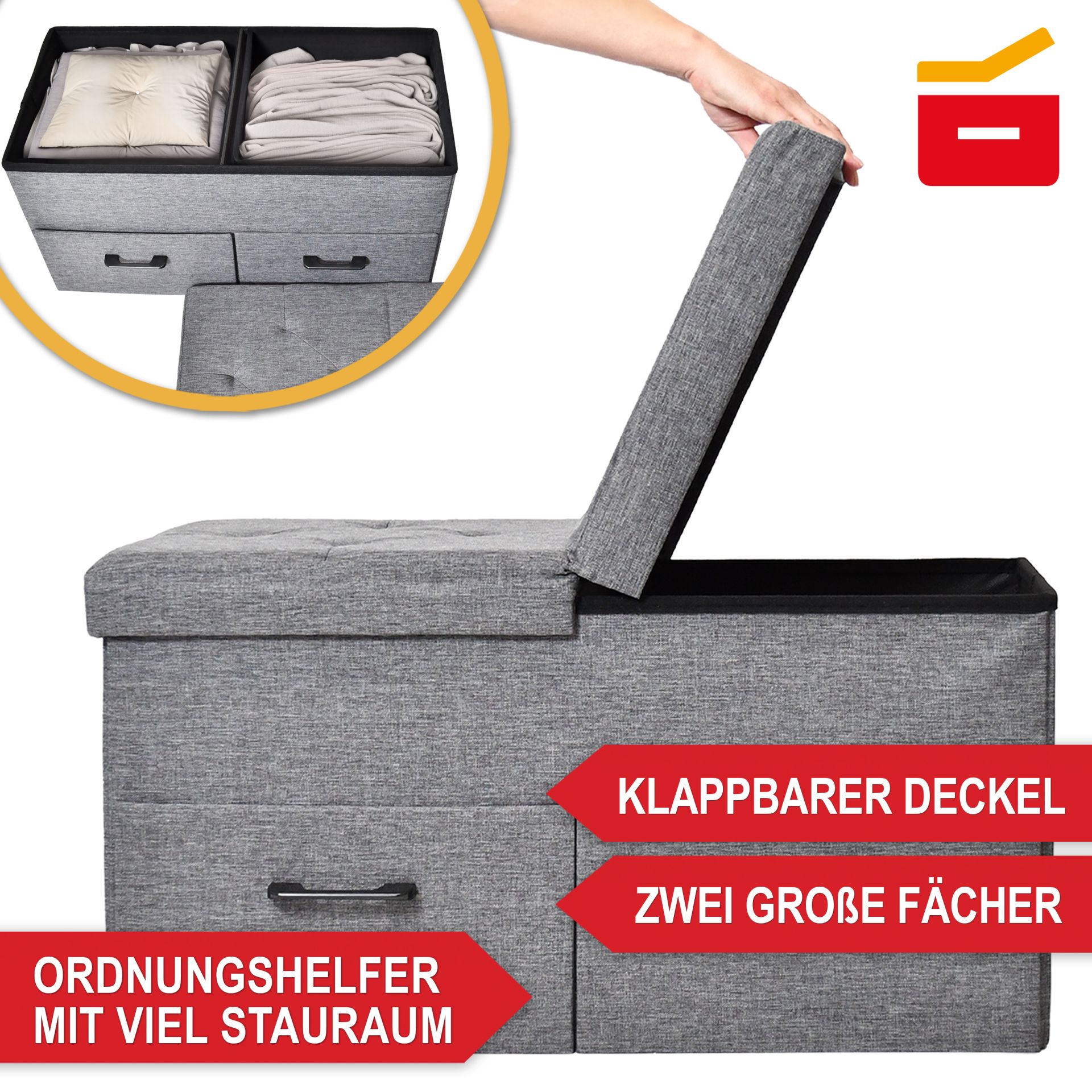 2er Sitzbank Dunkelgrau - Klappbare Deckel; 2 große Fächer; Ordnungshelfer mit viel Stauraum