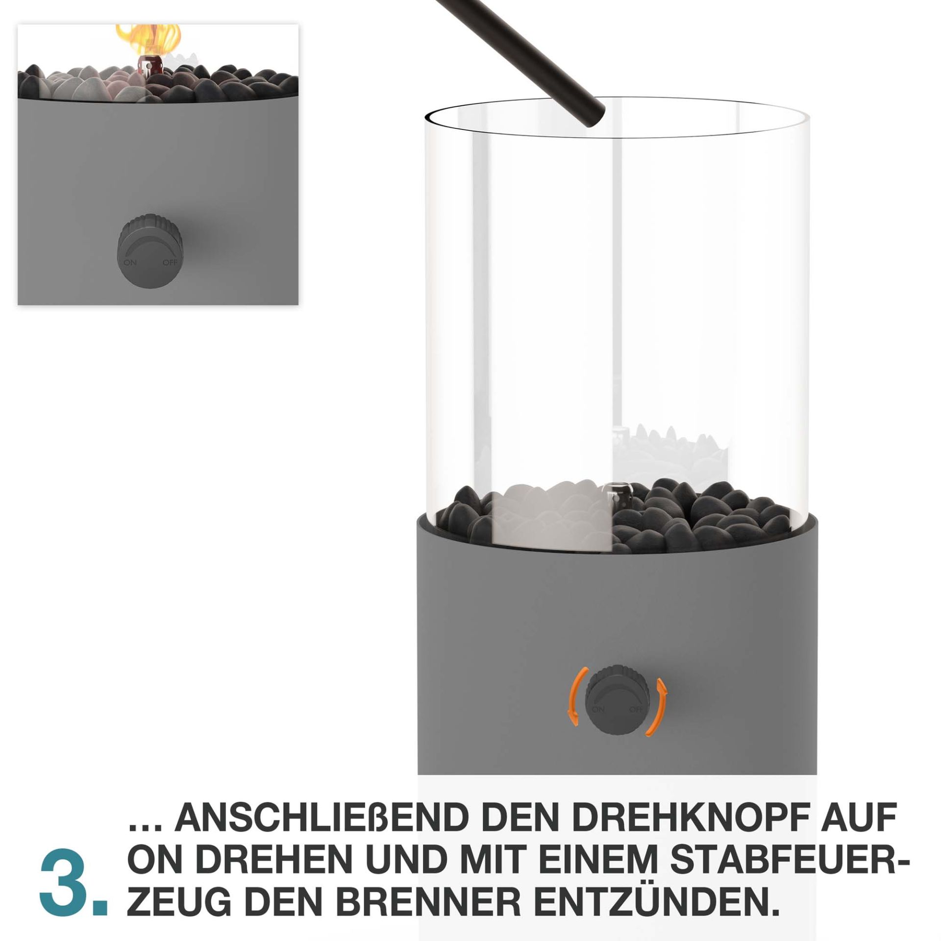 Tischkamin anzünden mit Drehregler und Stabfeuerzeug, Zündung am Brenner vorbereiten